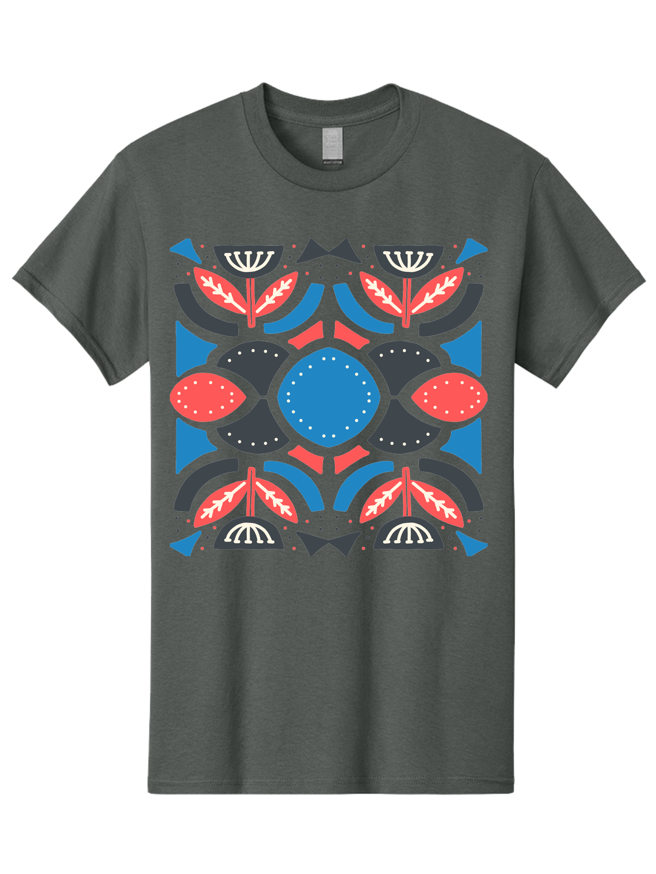 Vibrant-Floral-Pattern Men'S Graphic Tee, 100% Cotton, Comfortable Casual Summer Wear, Machine Washable, Floral Pattern, Geometric Shapes, Blue Center, Red And White Leaves, Black And Gray Accents, Symmetrical Design, Abstract Flowers, Aab816 23