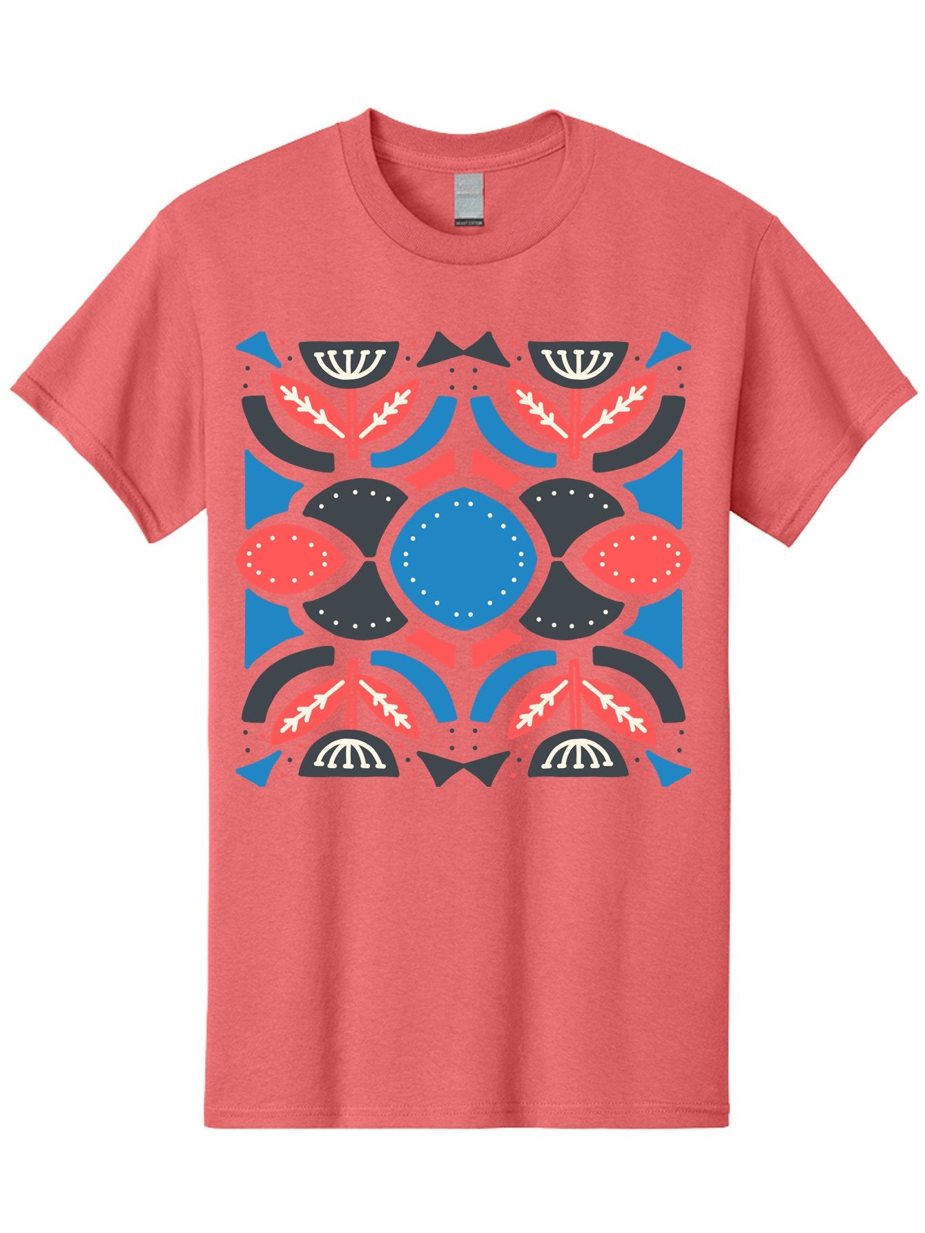 Vibrant-Floral-Pattern Men'S Graphic Tee, 100% Cotton, Comfortable Casual Summer Wear, Machine Washable, Floral Pattern, Geometric Shapes, Blue Center, Red And White Leaves, Black And Gray Accents, Symmetrical Design, Abstract Flowers, Aab816 13