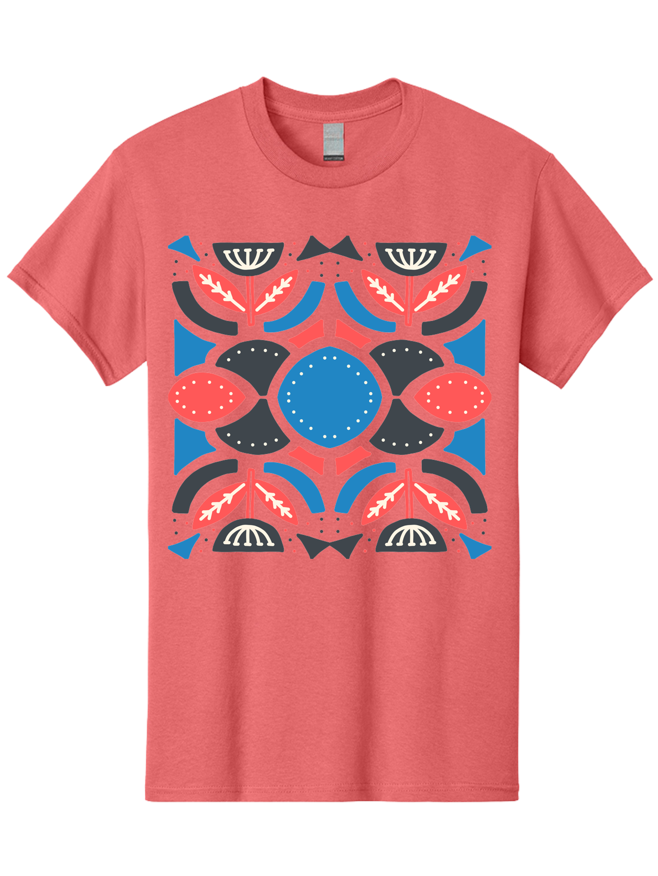 Vibrant-Floral-Pattern Men'S Graphic Tee, 100% Cotton, Comfortable Casual Summer Wear, Machine Washable, Floral Pattern, Geometric Shapes, Blue Center, Red And White Leaves, Black And Gray Accents, Symmetrical Design, Abstract Flowers, Aab816 29