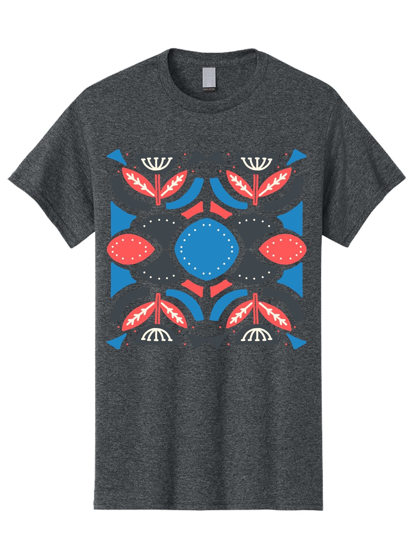 Vibrant-Floral-Pattern Men'S Graphic Tee, 100% Cotton, Comfortable Casual Summer Wear, Machine Washable, Floral Pattern, Geometric Shapes, Blue Center, Red And White Leaves, Black And Gray Accents, Symmetrical Design, Abstract Flowers, Aab816 8