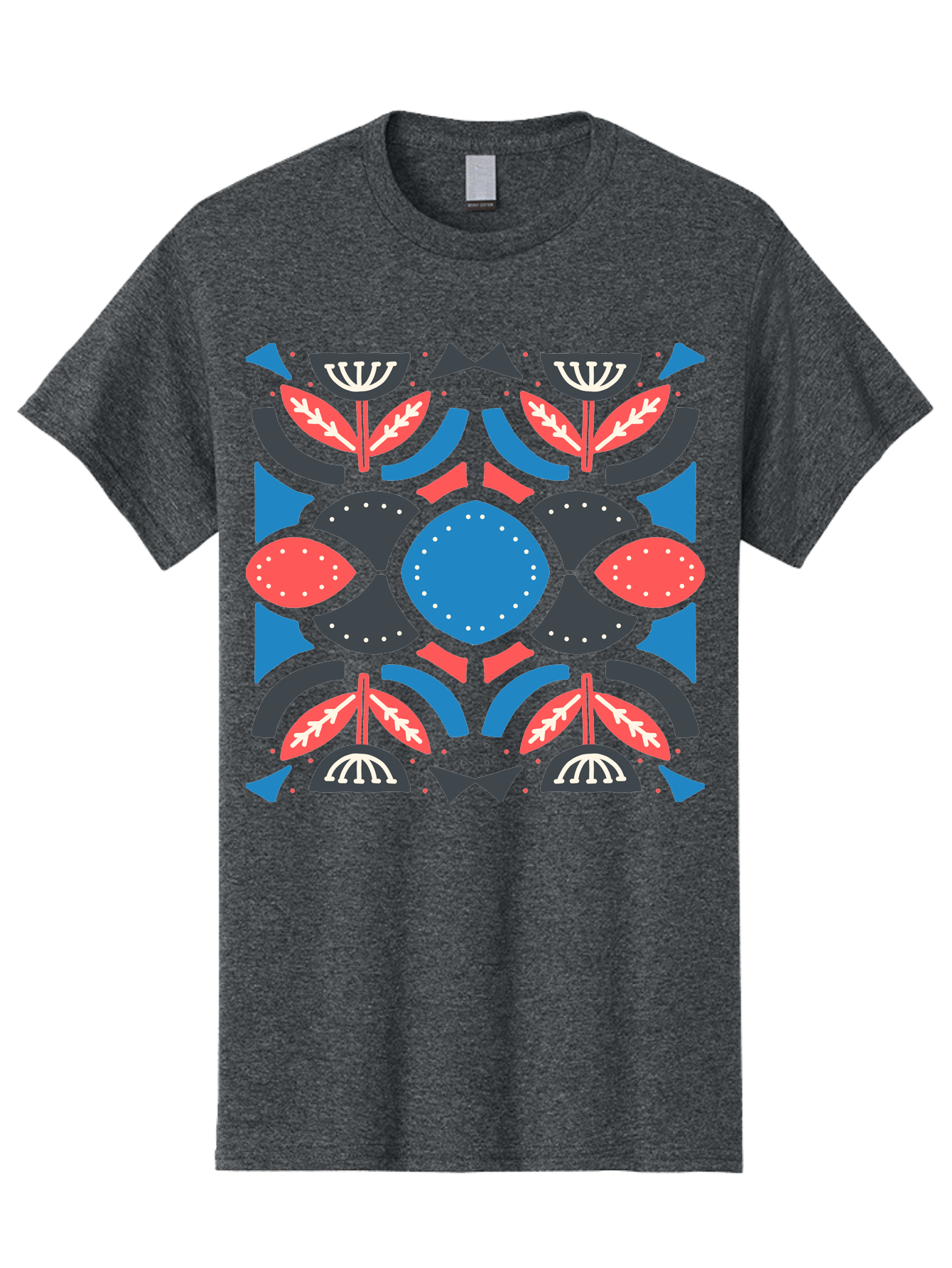 Vibrant-Floral-Pattern Men'S Graphic Tee, 100% Cotton, Comfortable Casual Summer Wear, Machine Washable, Floral Pattern, Geometric Shapes, Blue Center, Red And White Leaves, Black And Gray Accents, Symmetrical Design, Abstract Flowers, Aab816 11