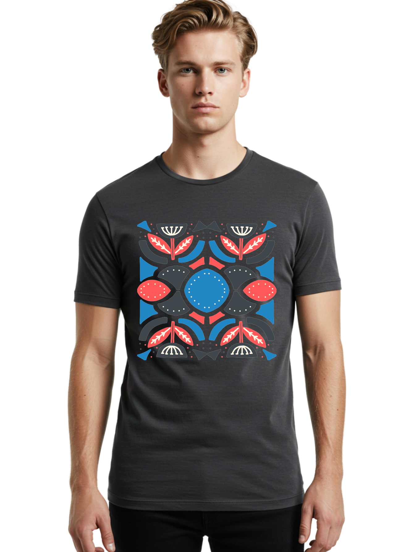 Vibrant-Floral-Pattern Men'S Graphic Tee, 100% Cotton, Comfortable Casual Summer Wear, Machine Washable, Floral Pattern, Geometric Shapes, Blue Center, Red And White Leaves, Black And Gray Accents, Symmetrical Design, Abstract Flowers, Aab816 12