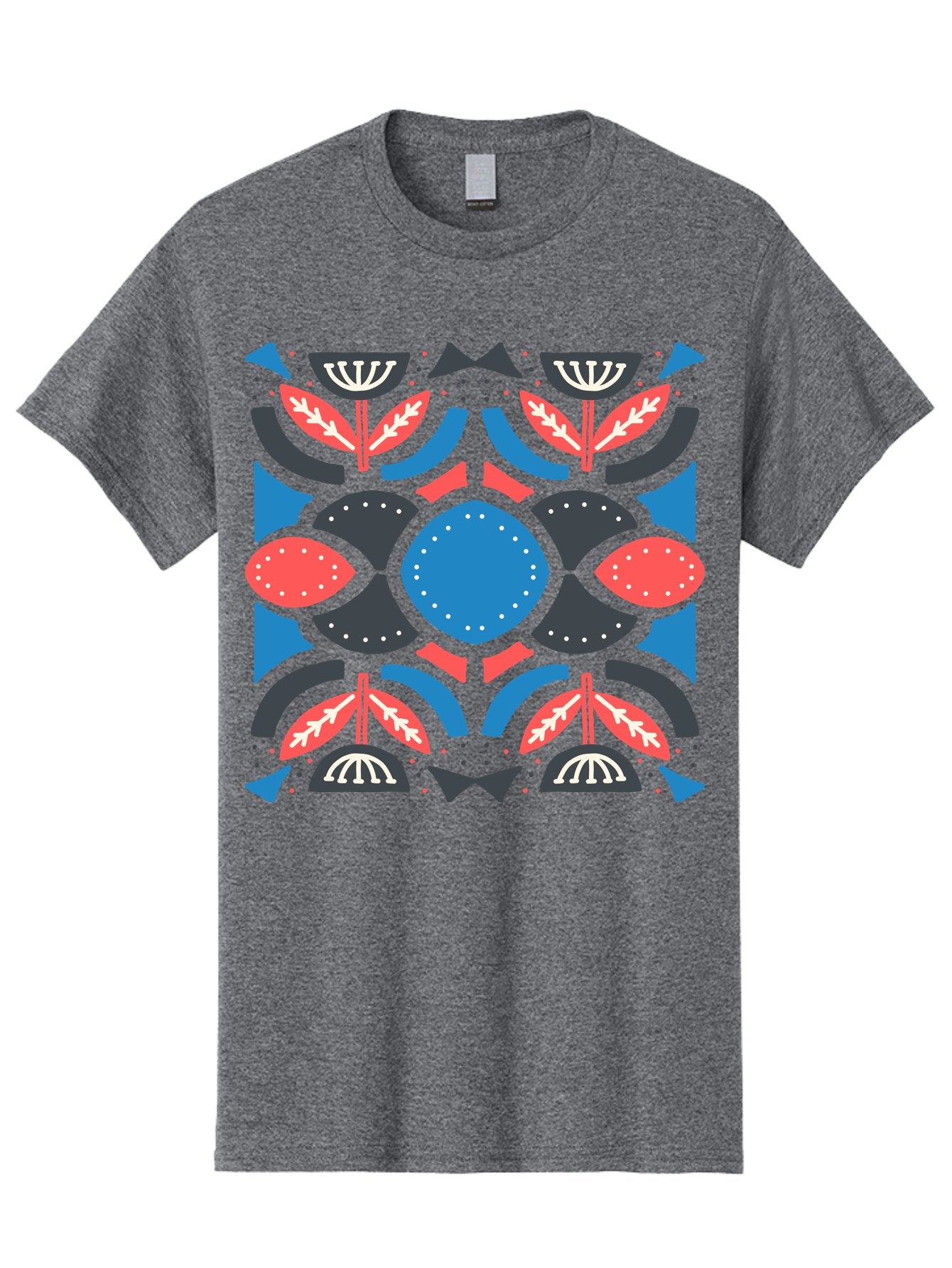 Vibrant-Floral-Pattern Men'S Graphic Tee, 100% Cotton, Comfortable Casual Summer Wear, Machine Washable, Floral Pattern, Geometric Shapes, Blue Center, Red And White Leaves, Black And Gray Accents, Symmetrical Design, Abstract Flowers, Aab816 7
