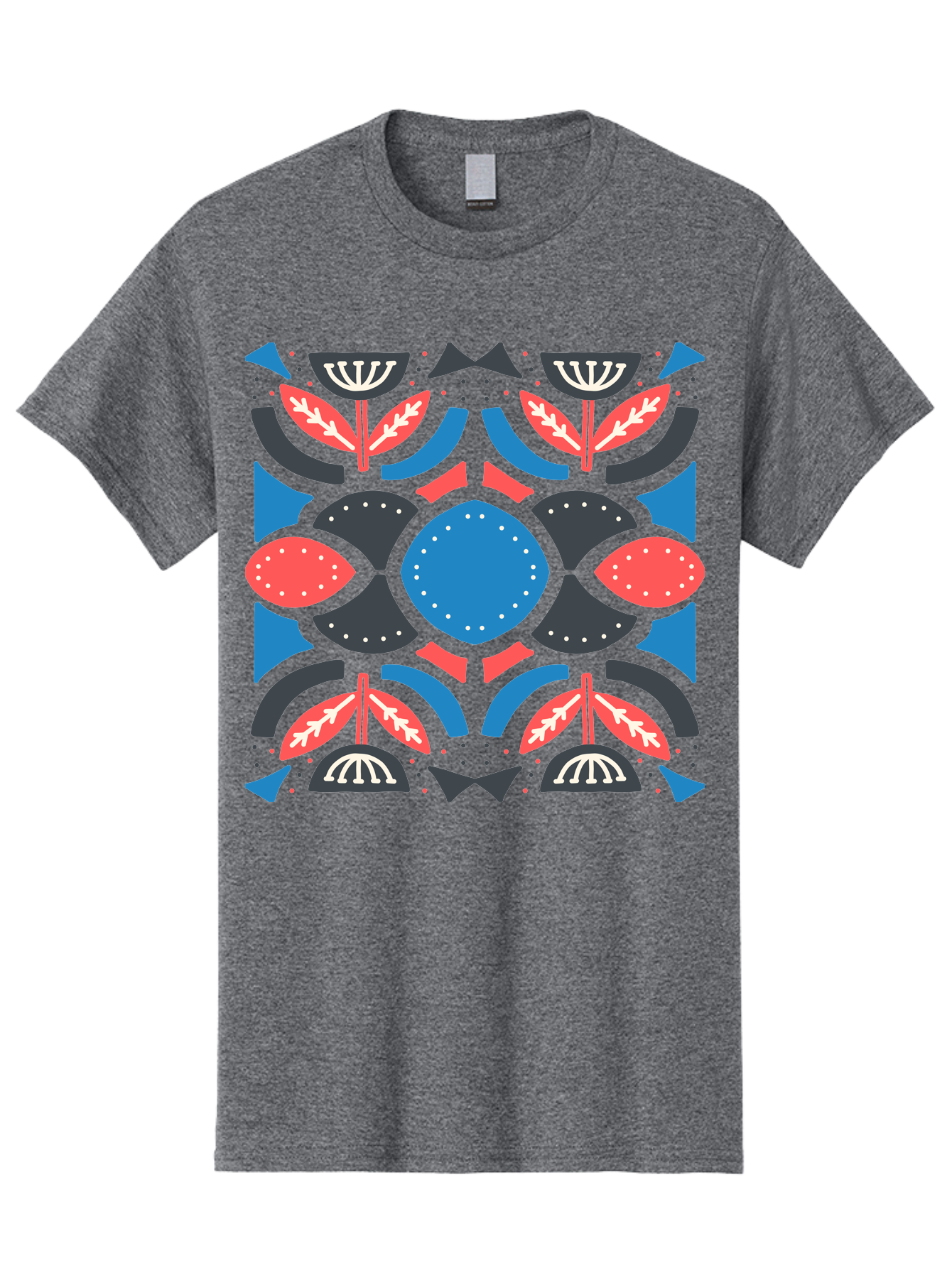 Vibrant-Floral-Pattern Men'S Graphic Tee, 100% Cotton, Comfortable Casual Summer Wear, Machine Washable, Floral Pattern, Geometric Shapes, Blue Center, Red And White Leaves, Black And Gray Accents, Symmetrical Design, Abstract Flowers, Aab816 25