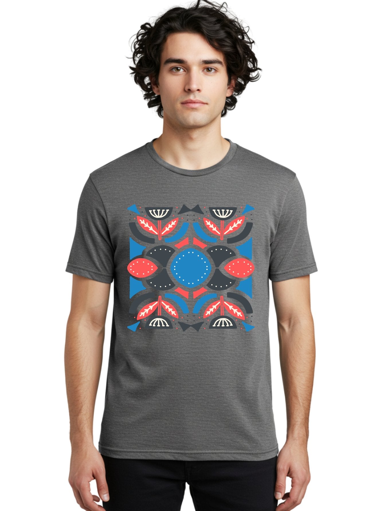 Vibrant-Floral-Pattern Men'S Graphic Tee, 100% Cotton, Comfortable Casual Summer Wear, Machine Washable, Floral Pattern, Geometric Shapes, Blue Center, Red And White Leaves, Black And Gray Accents, Symmetrical Design, Abstract Flowers, Aab816 16