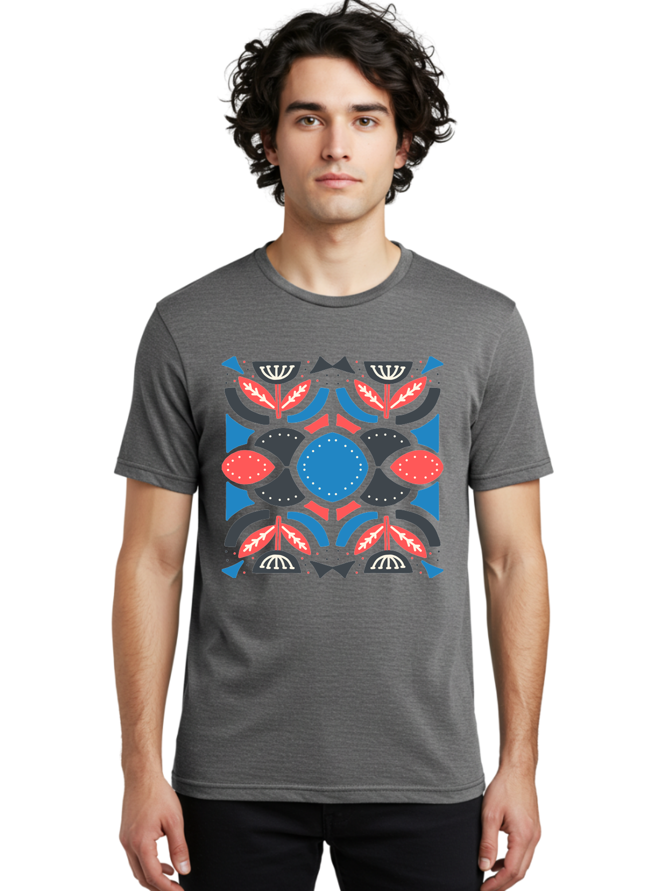 Vibrant-Floral-Pattern Men'S Graphic Tee, 100% Cotton, Comfortable Casual Summer Wear, Machine Washable, Floral Pattern, Geometric Shapes, Blue Center, Red And White Leaves, Black And Gray Accents, Symmetrical Design, Abstract Flowers, Aab816 26