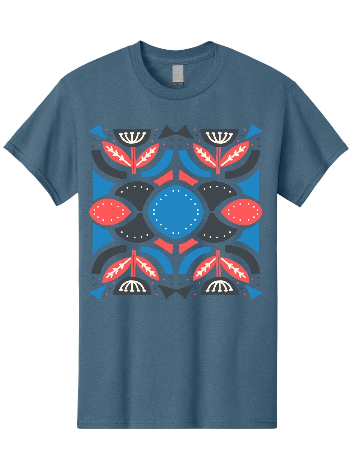 Vibrant-Floral-Pattern Men'S Graphic Tee, 100% Cotton, Comfortable Casual Summer Wear, Machine Washable, Floral Pattern, Geometric Shapes, Blue Center, Red And White Leaves, Black And Gray Accents, Symmetrical Design, Abstract Flowers, Aab816 14