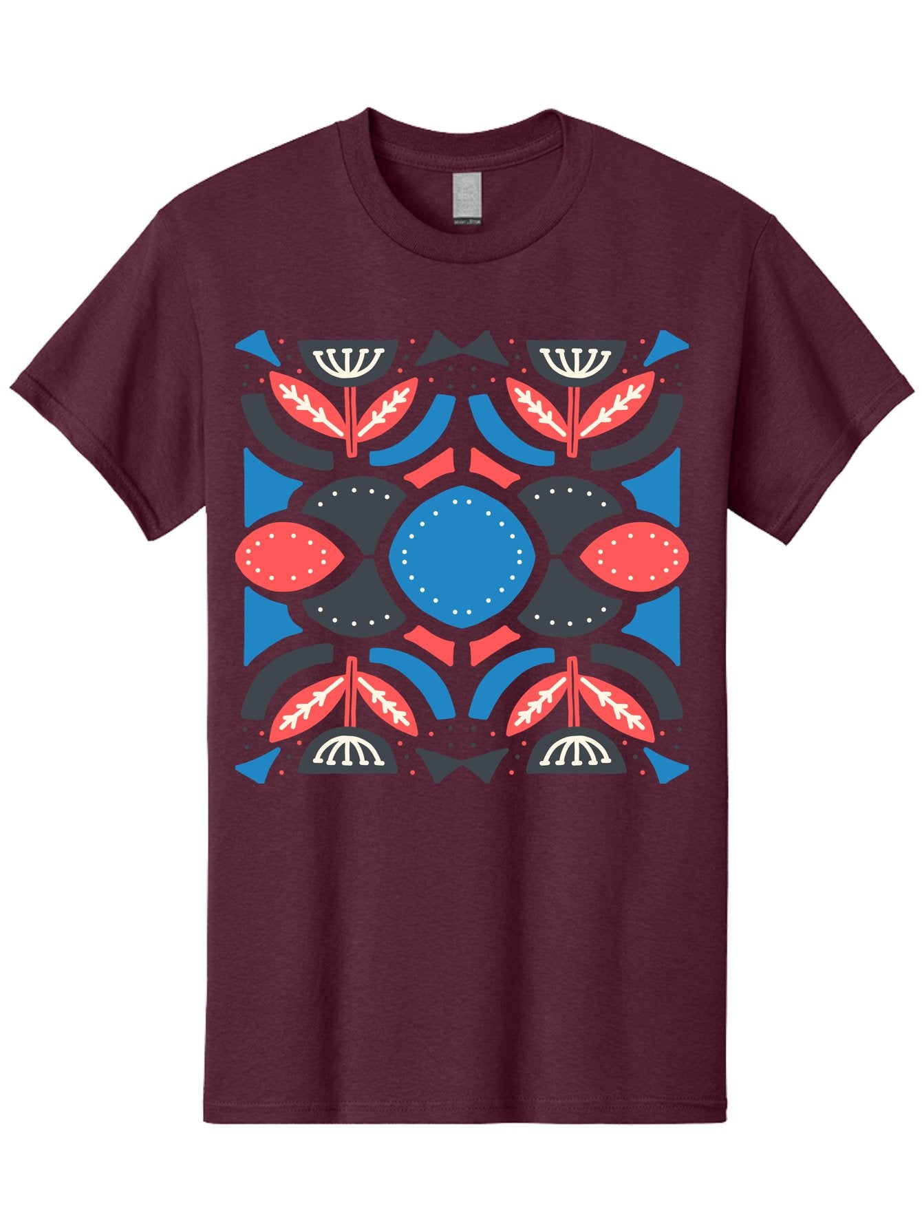 Vibrant-Floral-Pattern Men'S Graphic Tee, 100% Cotton, Comfortable Casual Summer Wear, Machine Washable, Floral Pattern, Geometric Shapes, Blue Center, Red And White Leaves, Black And Gray Accents, Symmetrical Design, Abstract Flowers, Aab816 10