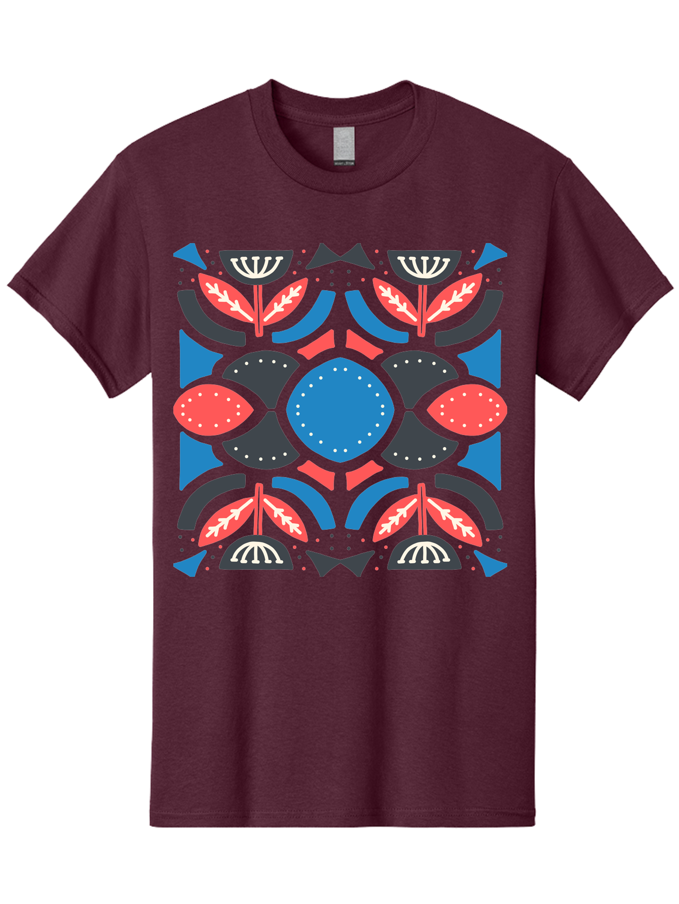 Vibrant-Floral-Pattern Men'S Graphic Tee, 100% Cotton, Comfortable Casual Summer Wear, Machine Washable, Floral Pattern, Geometric Shapes, Blue Center, Red And White Leaves, Black And Gray Accents, Symmetrical Design, Abstract Flowers, Aab816 27
