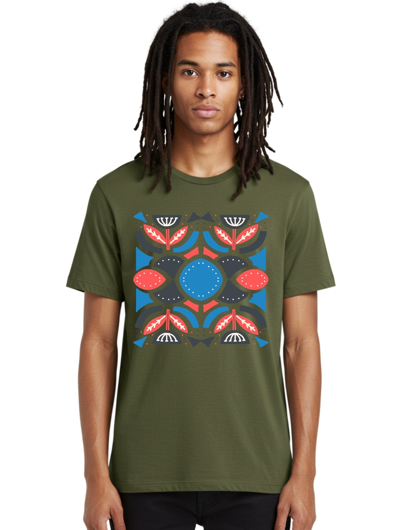 Vibrant-Floral-Pattern Men'S Graphic Tee, 100% Cotton, Comfortable Casual Summer Wear, Machine Washable, Floral Pattern, Geometric Shapes, Blue Center, Red And White Leaves, Black And Gray Accents, Symmetrical Design, Abstract Flowers, Aab816 23