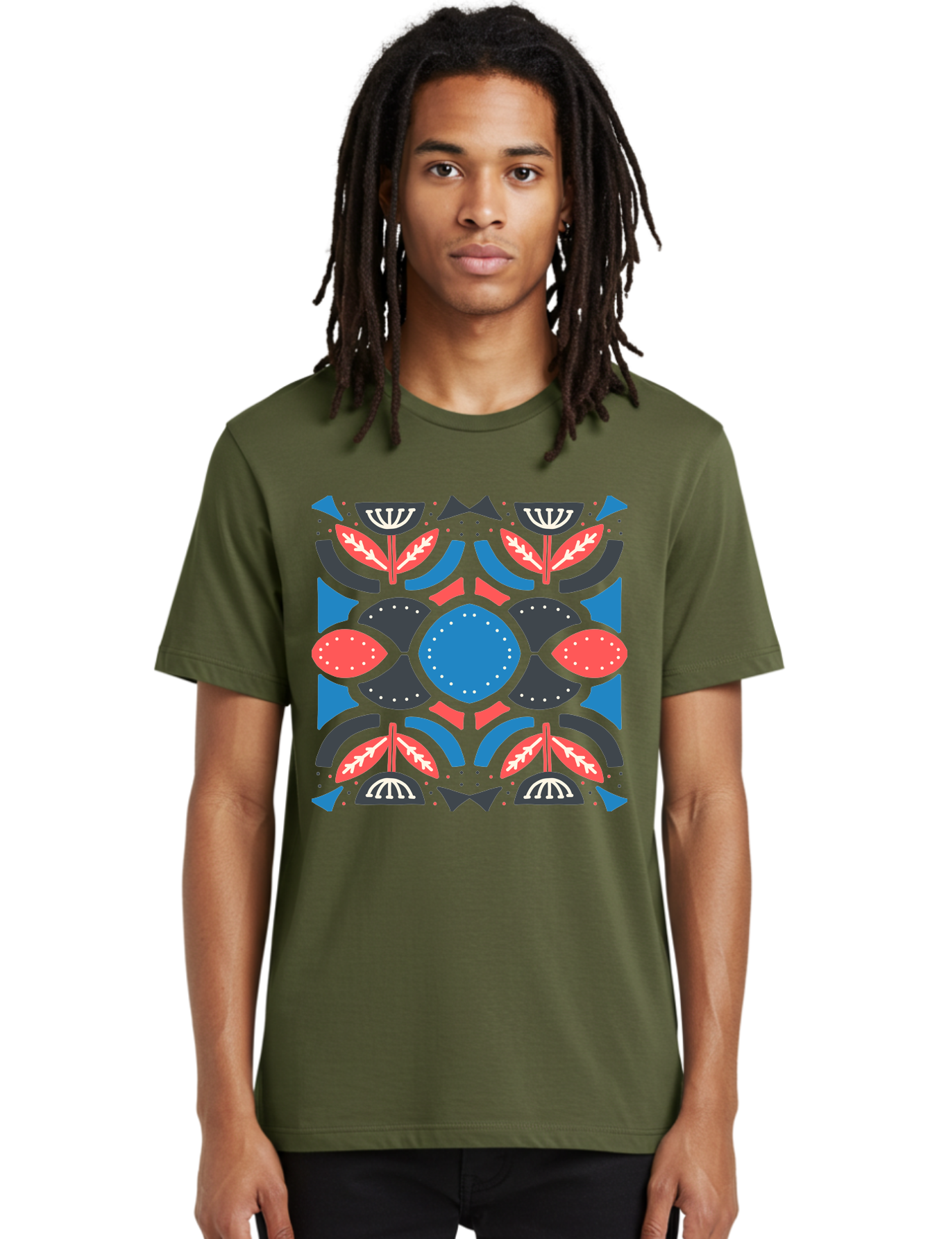 Vibrant-Floral-Pattern Men'S Graphic Tee, 100% Cotton, Comfortable Casual Summer Wear, Machine Washable, Floral Pattern, Geometric Shapes, Blue Center, Red And White Leaves, Black And Gray Accents, Symmetrical Design, Abstract Flowers, Aab816 16