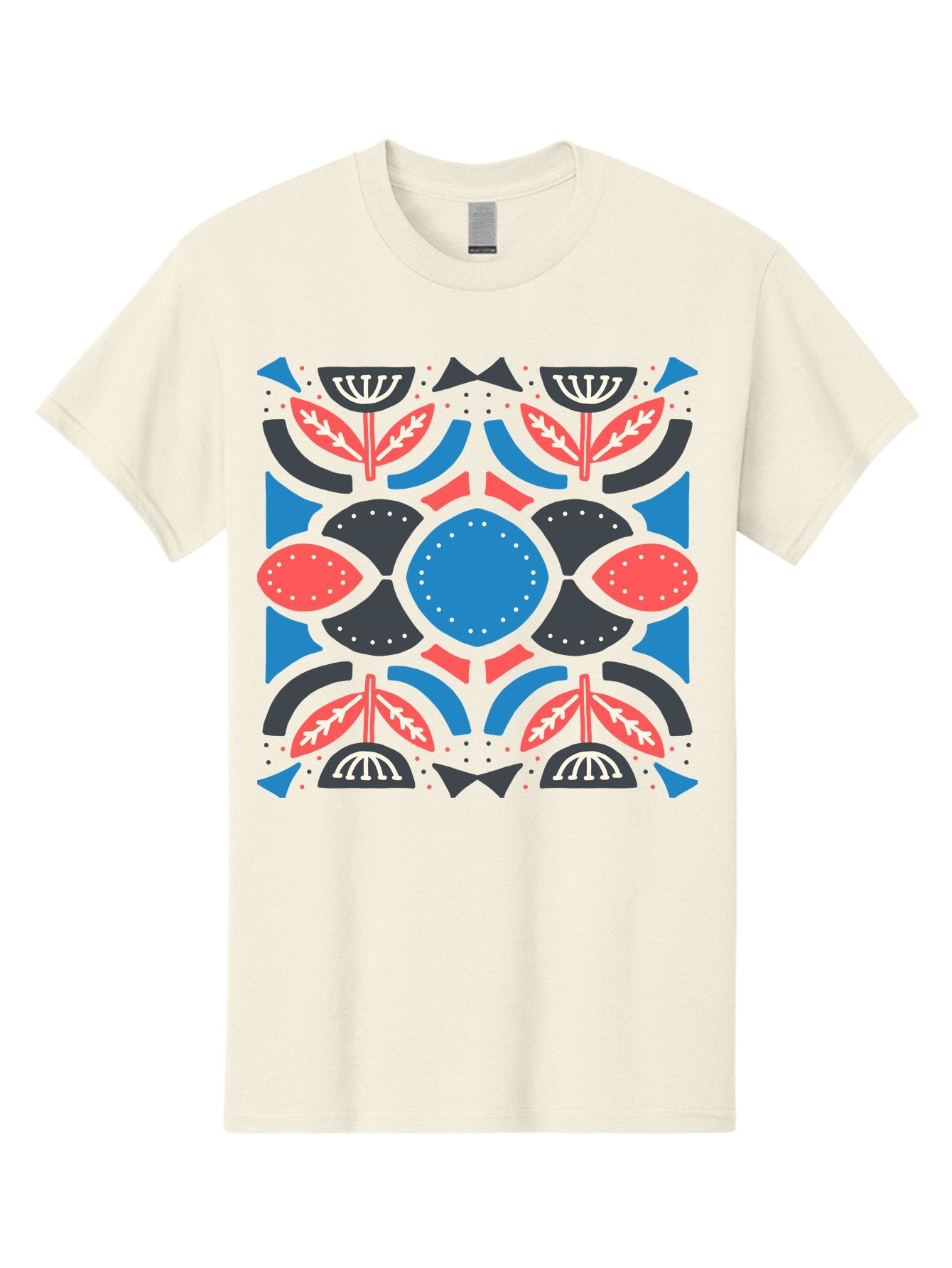 Vibrant-Floral-Pattern Men'S Graphic Tee, 100% Cotton, Comfortable Casual Summer Wear, Machine Washable, Floral Pattern, Geometric Shapes, Blue Center, Red And White Leaves, Black And Gray Accents, Symmetrical Design, Abstract Flowers, Aab816 11