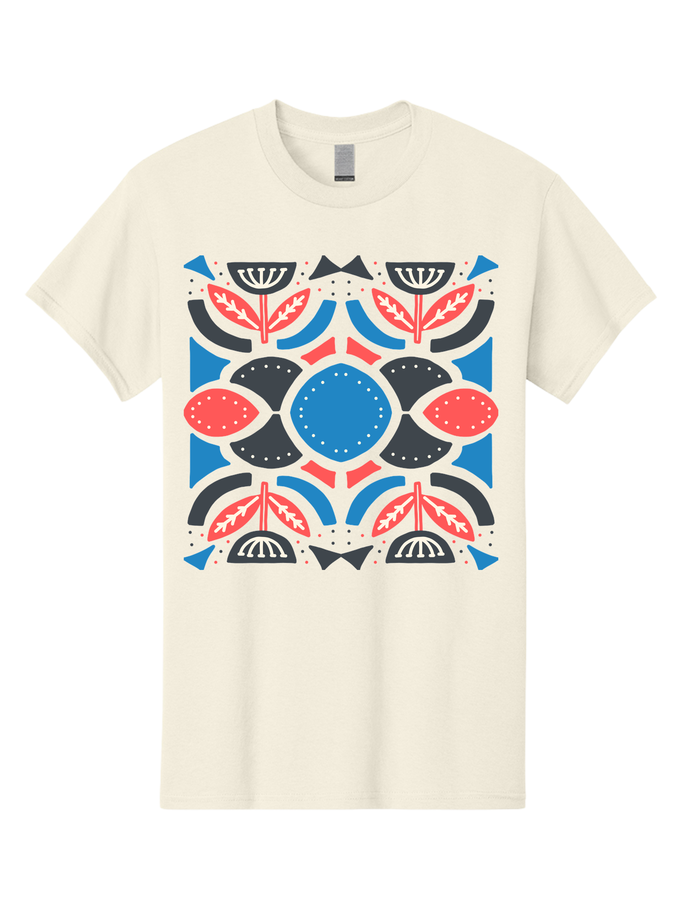 Vibrant-Floral-Pattern Men'S Graphic Tee, 100% Cotton, Comfortable Casual Summer Wear, Machine Washable, Floral Pattern, Geometric Shapes, Blue Center, Red And White Leaves, Black And Gray Accents, Symmetrical Design, Abstract Flowers, Aab816 7