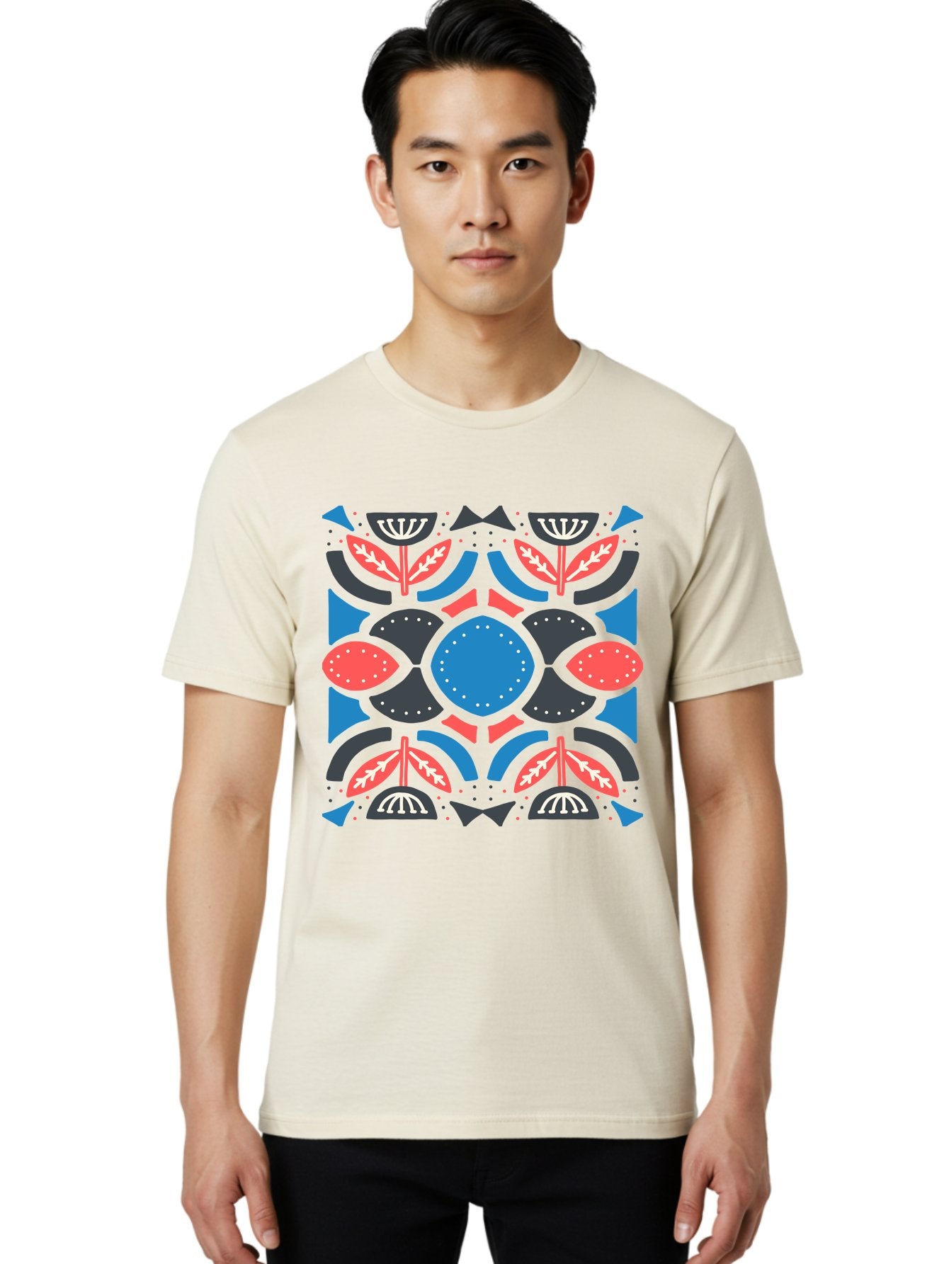 Vibrant-Floral-Pattern Men'S Graphic Tee, 100% Cotton, Comfortable Casual Summer Wear, Machine Washable, Floral Pattern, Geometric Shapes, Blue Center, Red And White Leaves, Black And Gray Accents, Symmetrical Design, Abstract Flowers, Aab816 27