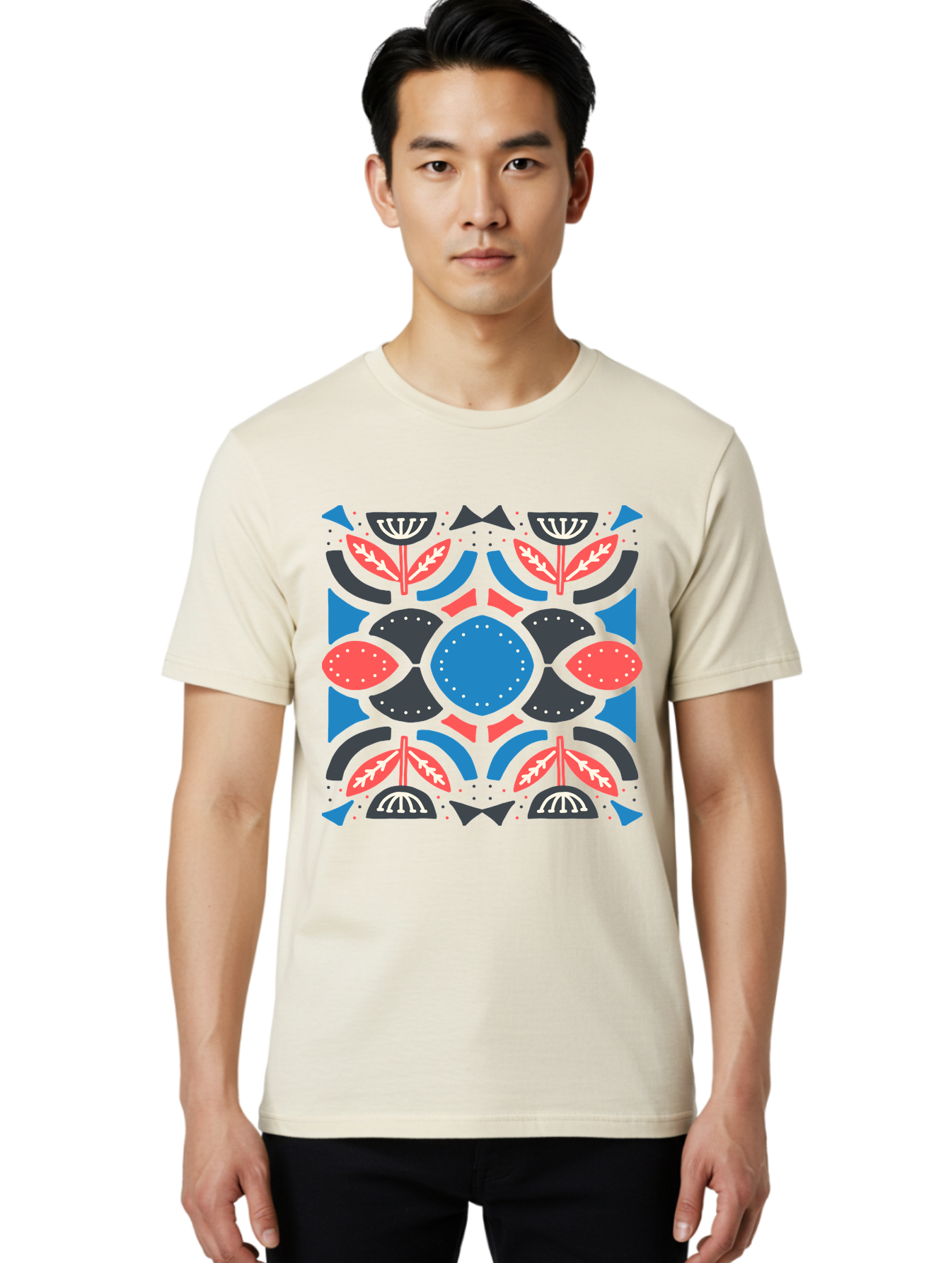 Vibrant-Floral-Pattern Men'S Graphic Tee, 100% Cotton, Comfortable Casual Summer Wear, Machine Washable, Floral Pattern, Geometric Shapes, Blue Center, Red And White Leaves, Black And Gray Accents, Symmetrical Design, Abstract Flowers, Aab816 8