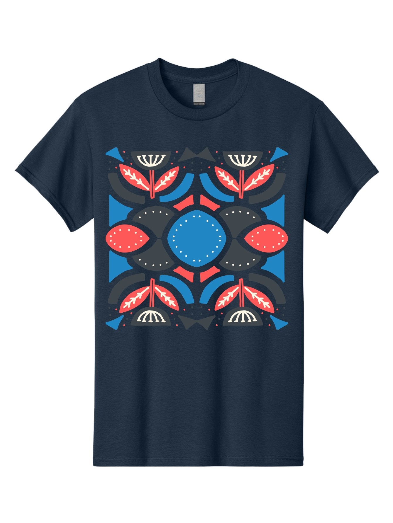 Vibrant-Floral-Pattern Men'S Graphic Tee, 100% Cotton, Comfortable Casual Summer Wear, Machine Washable, Floral Pattern, Geometric Shapes, Blue Center, Red And White Leaves, Black And Gray Accents, Symmetrical Design, Abstract Flowers, Aab816 6