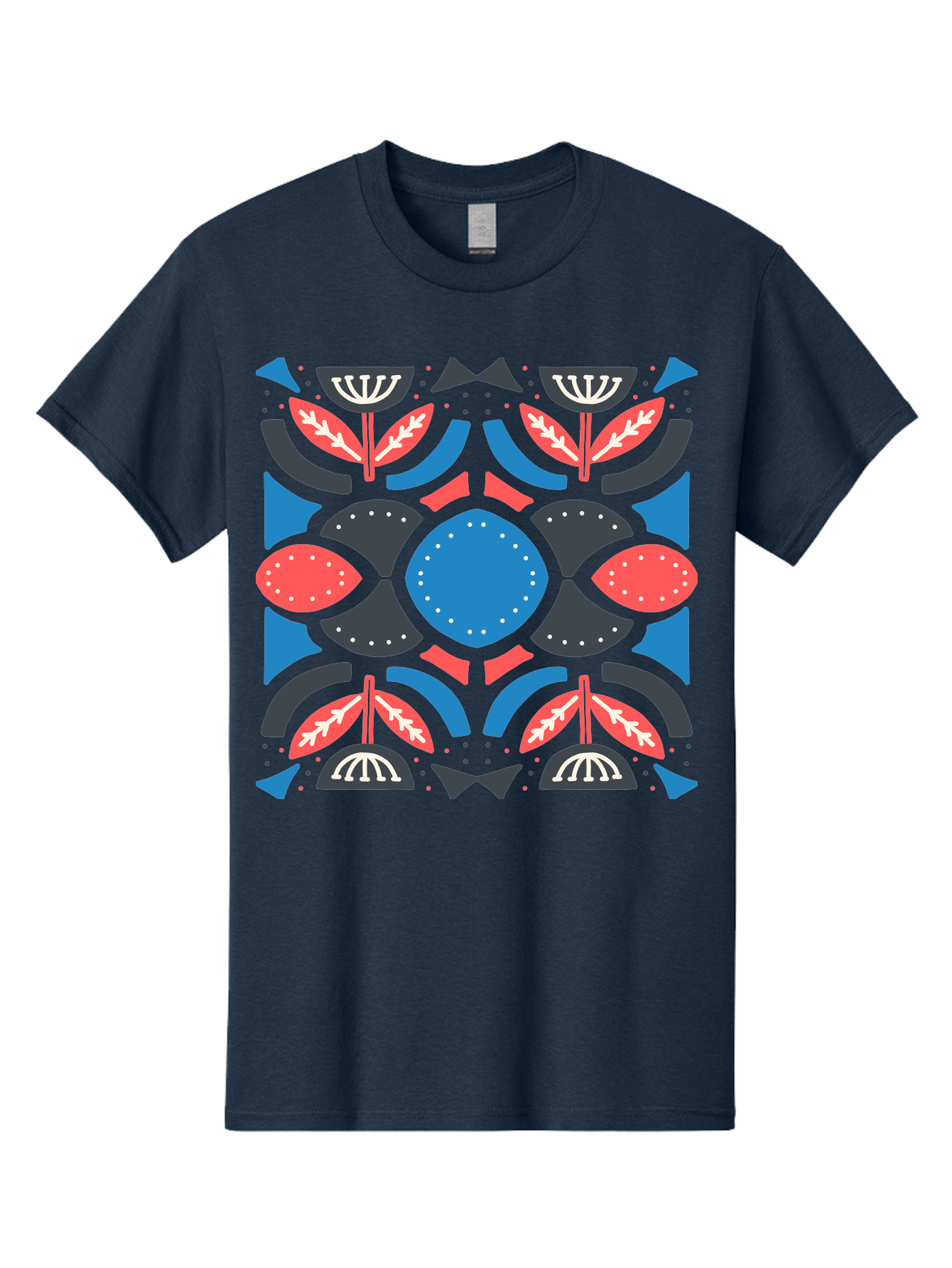 Vibrant-Floral-Pattern Men'S Graphic Tee, 100% Cotton, Comfortable Casual Summer Wear, Machine Washable, Floral Pattern, Geometric Shapes, Blue Center, Red And White Leaves, Black And Gray Accents, Symmetrical Design, Abstract Flowers, Aab816 13
