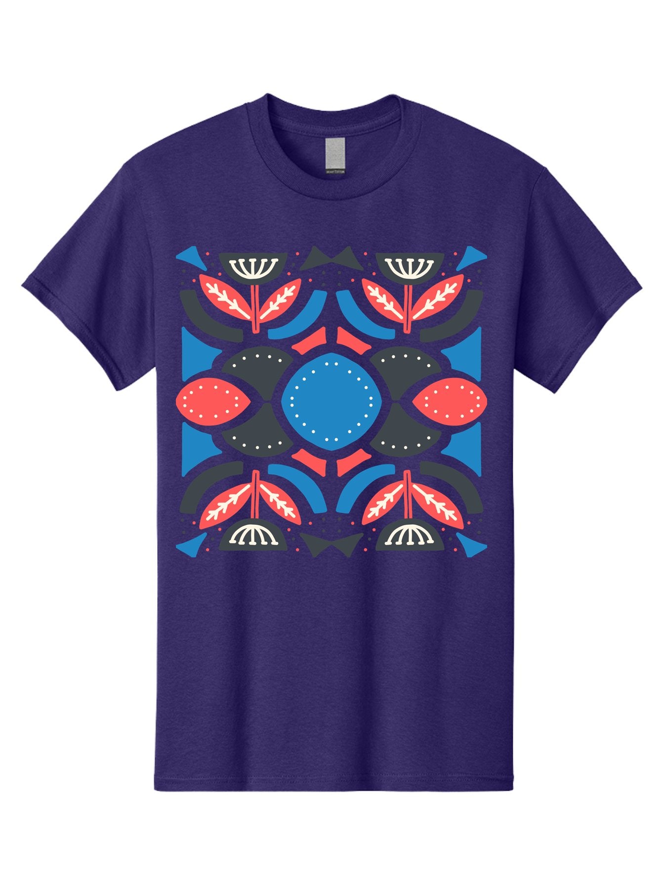 Vibrant-Floral-Pattern Men'S Graphic Tee, 100% Cotton, Comfortable Casual Summer Wear, Machine Washable, Floral Pattern, Geometric Shapes, Blue Center, Red And White Leaves, Black And Gray Accents, Symmetrical Design, Abstract Flowers, Aab816 12