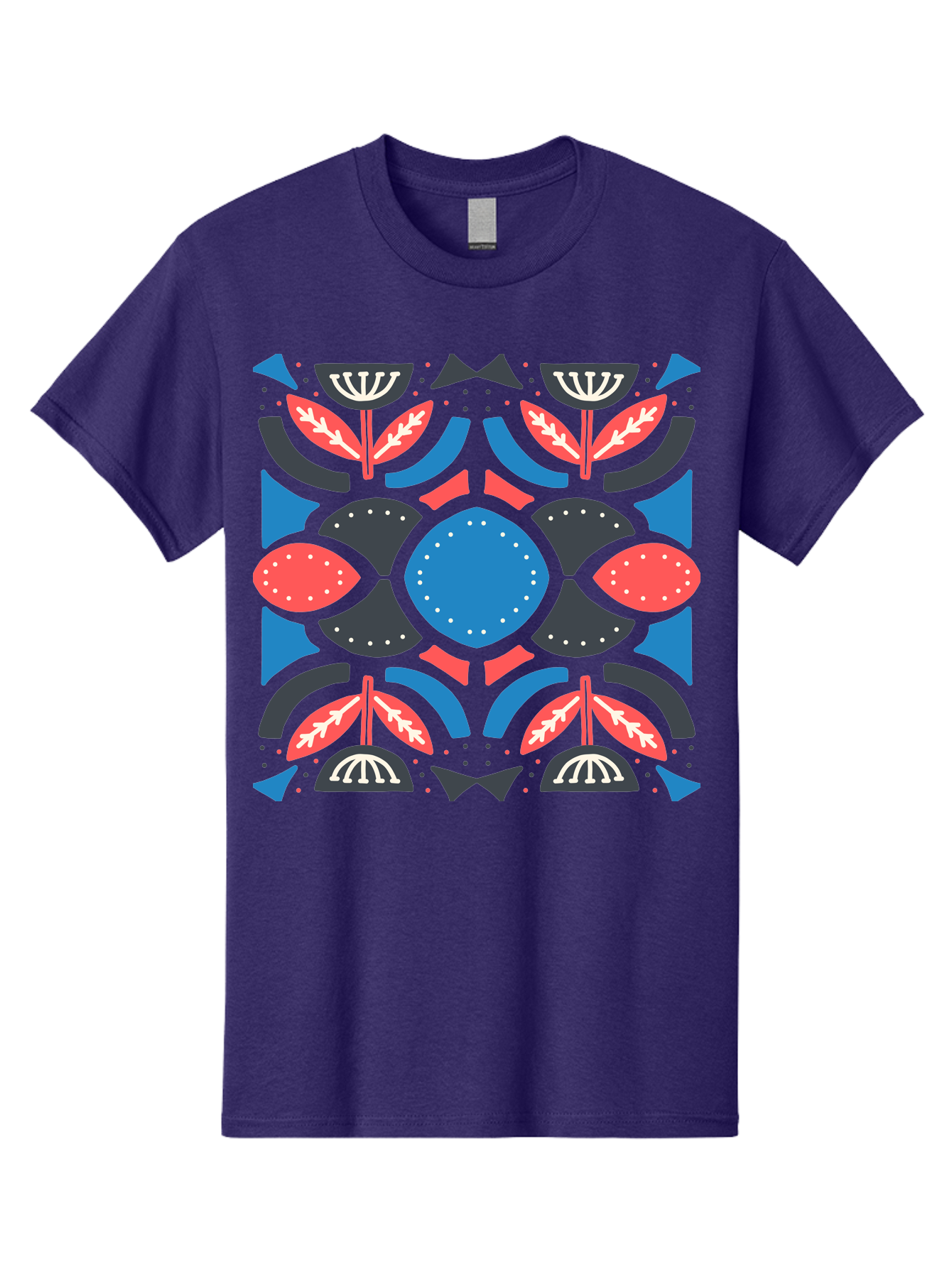 Vibrant-Floral-Pattern Men'S Graphic Tee, 100% Cotton, Comfortable Casual Summer Wear, Machine Washable, Floral Pattern, Geometric Shapes, Blue Center, Red And White Leaves, Black And Gray Accents, Symmetrical Design, Abstract Flowers, Aab816 5