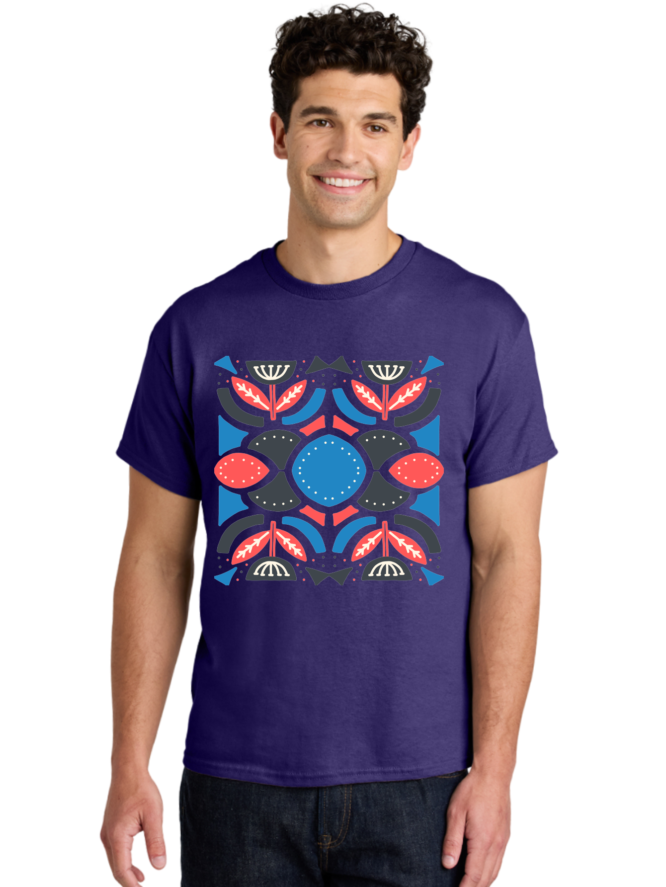 Vibrant-Floral-Pattern Men'S Graphic Tee, 100% Cotton, Comfortable Casual Summer Wear, Machine Washable, Floral Pattern, Geometric Shapes, Blue Center, Red And White Leaves, Black And Gray Accents, Symmetrical Design, Abstract Flowers, Aab816 6