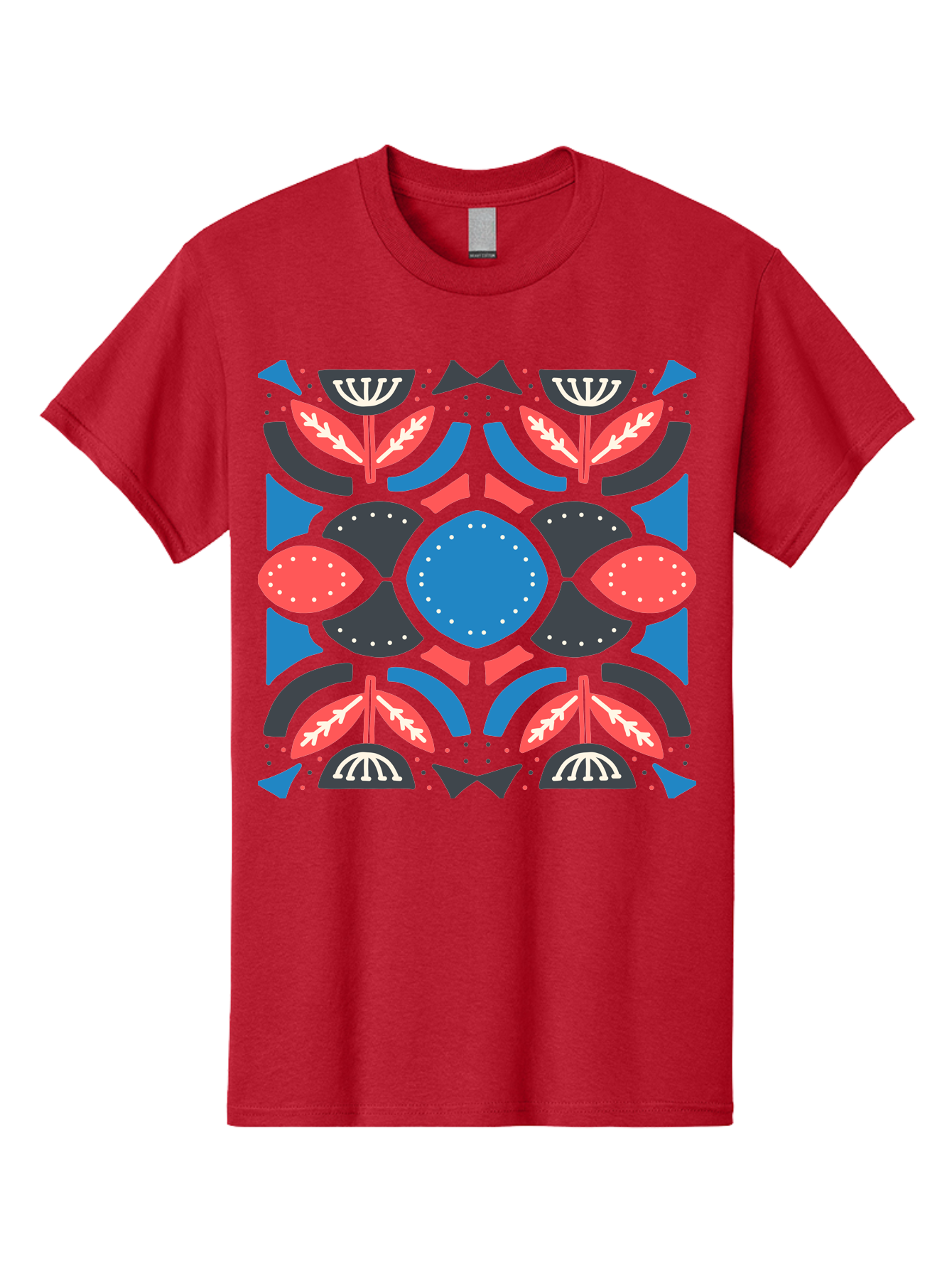 Vibrant-Floral-Pattern Men'S Graphic Tee, 100% Cotton, Comfortable Casual Summer Wear, Machine Washable, Floral Pattern, Geometric Shapes, Blue Center, Red And White Leaves, Black And Gray Accents, Symmetrical Design, Abstract Flowers, Aab816 19