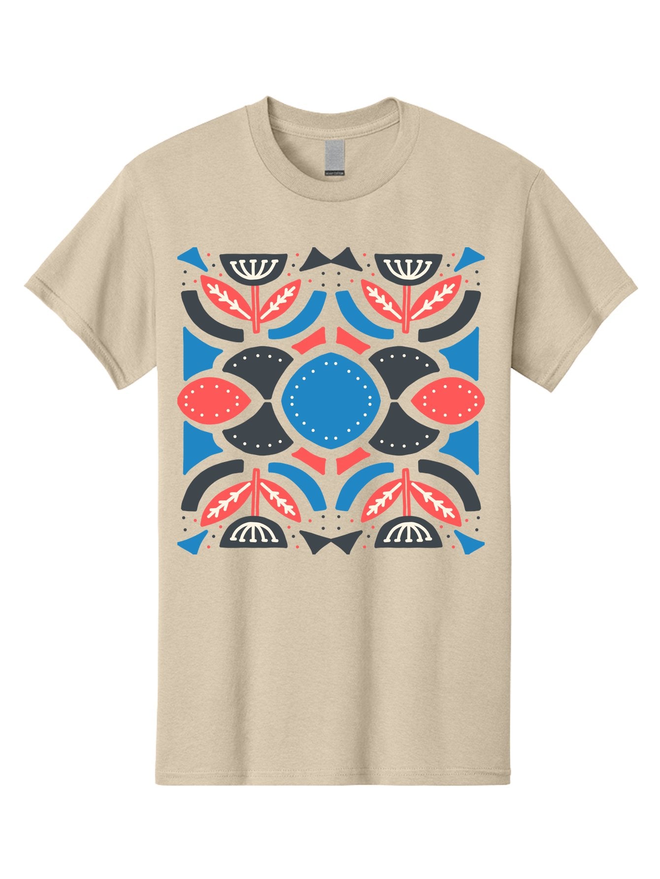 Vibrant-Floral-Pattern Men'S Graphic Tee, 100% Cotton, Comfortable Casual Summer Wear, Machine Washable, Floral Pattern, Geometric Shapes, Blue Center, Red And White Leaves, Black And Gray Accents, Symmetrical Design, Abstract Flowers, Aab816