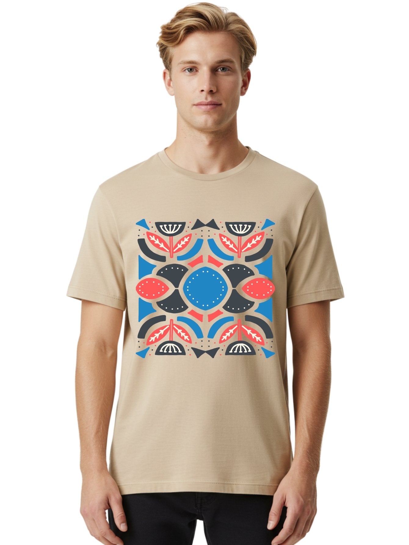 Vibrant-Floral-Pattern Men'S Graphic Tee, 100% Cotton, Comfortable Casual Summer Wear, Machine Washable, Floral Pattern, Geometric Shapes, Blue Center, Red And White Leaves, Black And Gray Accents, Symmetrical Design, Abstract Flowers, Aab816 19