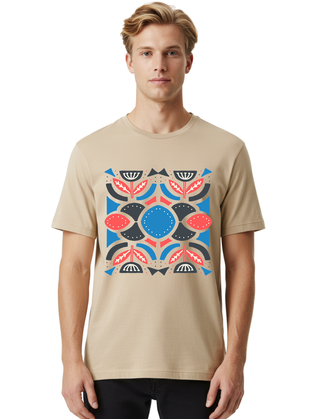 Vibrant-Floral-Pattern Men'S Graphic Tee, 100% Cotton, Comfortable Casual Summer Wear, Machine Washable, Floral Pattern, Geometric Shapes, Blue Center, Red And White Leaves, Black And Gray Accents, Symmetrical Design, Abstract Flowers, Aab816 22