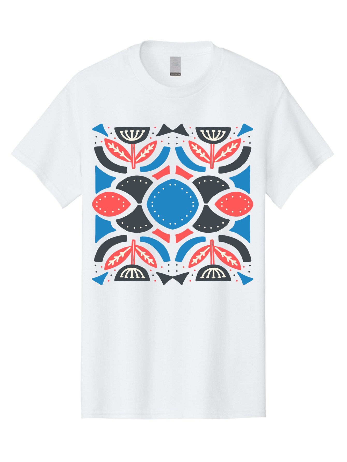 Vibrant-Floral-Pattern Men'S Graphic Tee, 100% Cotton, Comfortable Casual Summer Wear, Machine Washable, Floral Pattern, Geometric Shapes, Blue Center, Red And White Leaves, Black And Gray Accents, Symmetrical Design, Abstract Flowers, Aab816 15