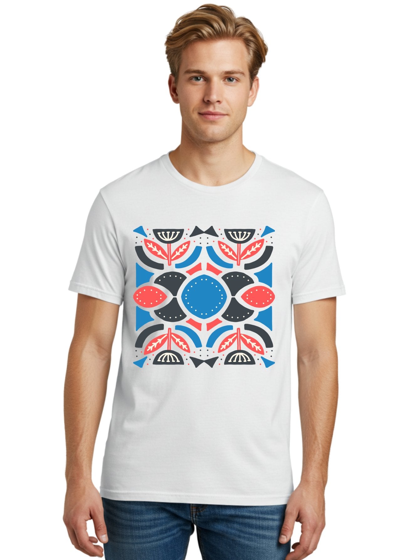 Vibrant-Floral-Pattern Men'S Graphic Tee, 100% Cotton, Comfortable Casual Summer Wear, Machine Washable, Floral Pattern, Geometric Shapes, Blue Center, Red And White Leaves, Black And Gray Accents, Symmetrical Design, Abstract Flowers, Aab816 30