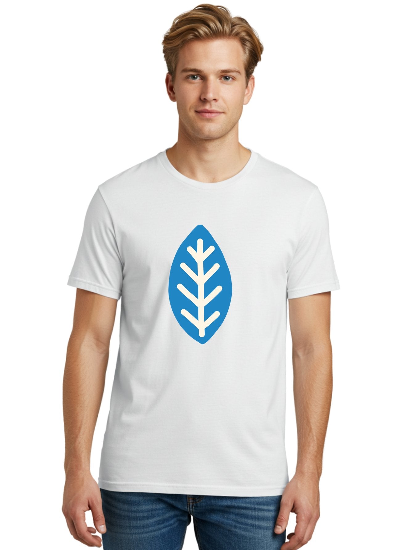 White-Leaf Men'S Graphic Tee, 100% Cotton, Comfortable Casual Summer Wear, Machine Washable, White Branch, Leaf Symbol, Nature Icon, Simple Design, Minimalistic Art, Eco-Friendly Logo, Stylized Leaf Aab817 23