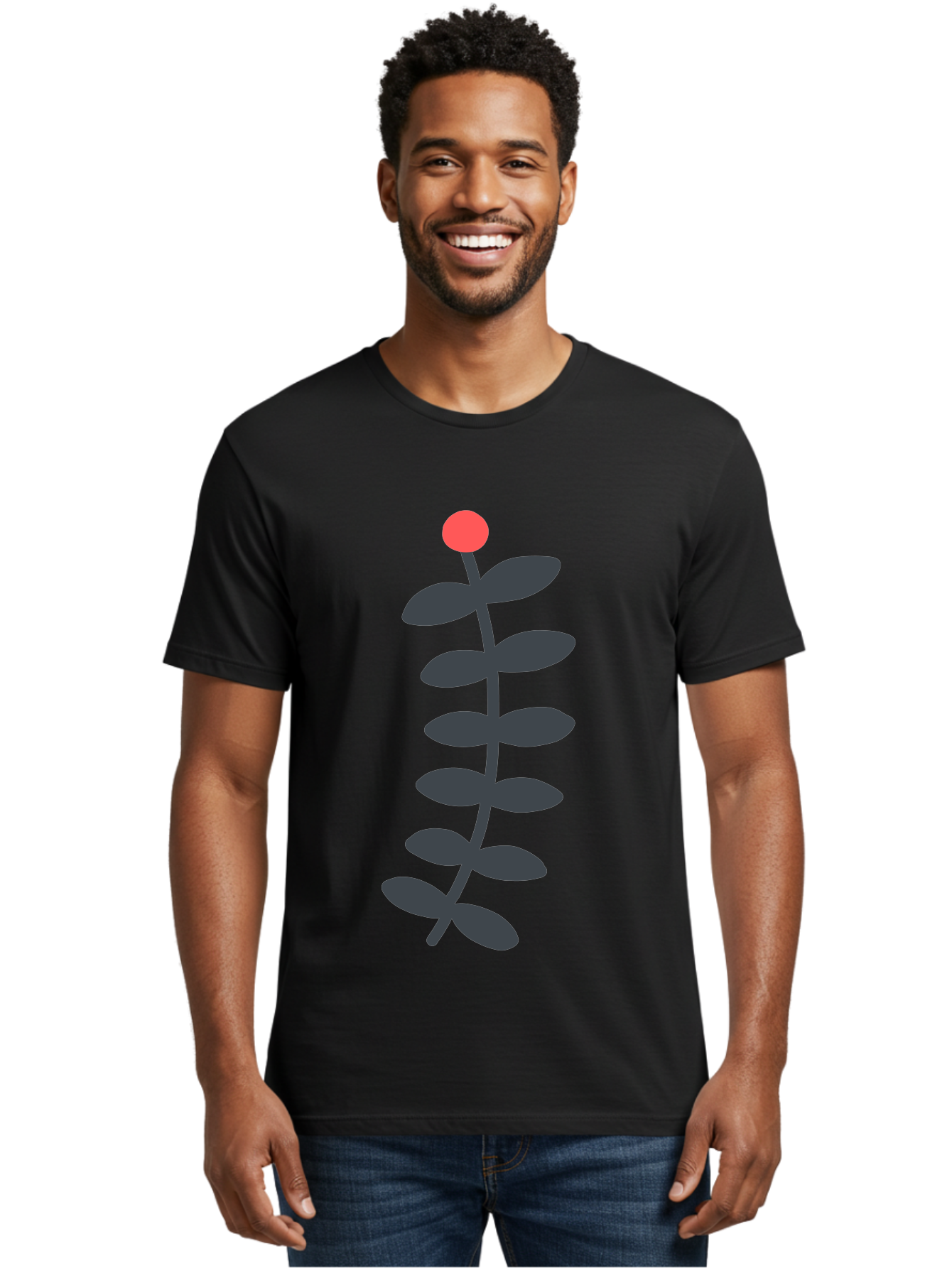 Zig-Zag-Plant Men'S Graphic Tee, 100% Cotton, Comfortable Casual Summer Wear, Machine Washable, Plant Stem, Dark Grey Leaves, Red Bud, Minimalist Design, Simple Shape, Botanical Illustration, Modern Art Aab819