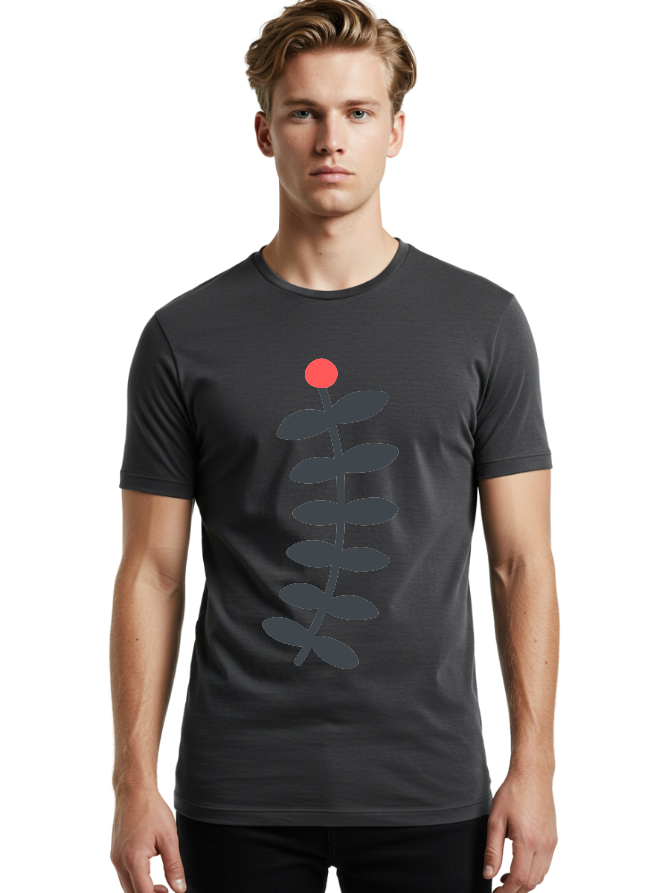 Zig-Zag-Plant Men'S Graphic Tee, 100% Cotton, Comfortable Casual Summer Wear, Machine Washable, Plant Stem, Dark Grey Leaves, Red Bud, Minimalist Design, Simple Shape, Botanical Illustration, Modern Art Aab819 4