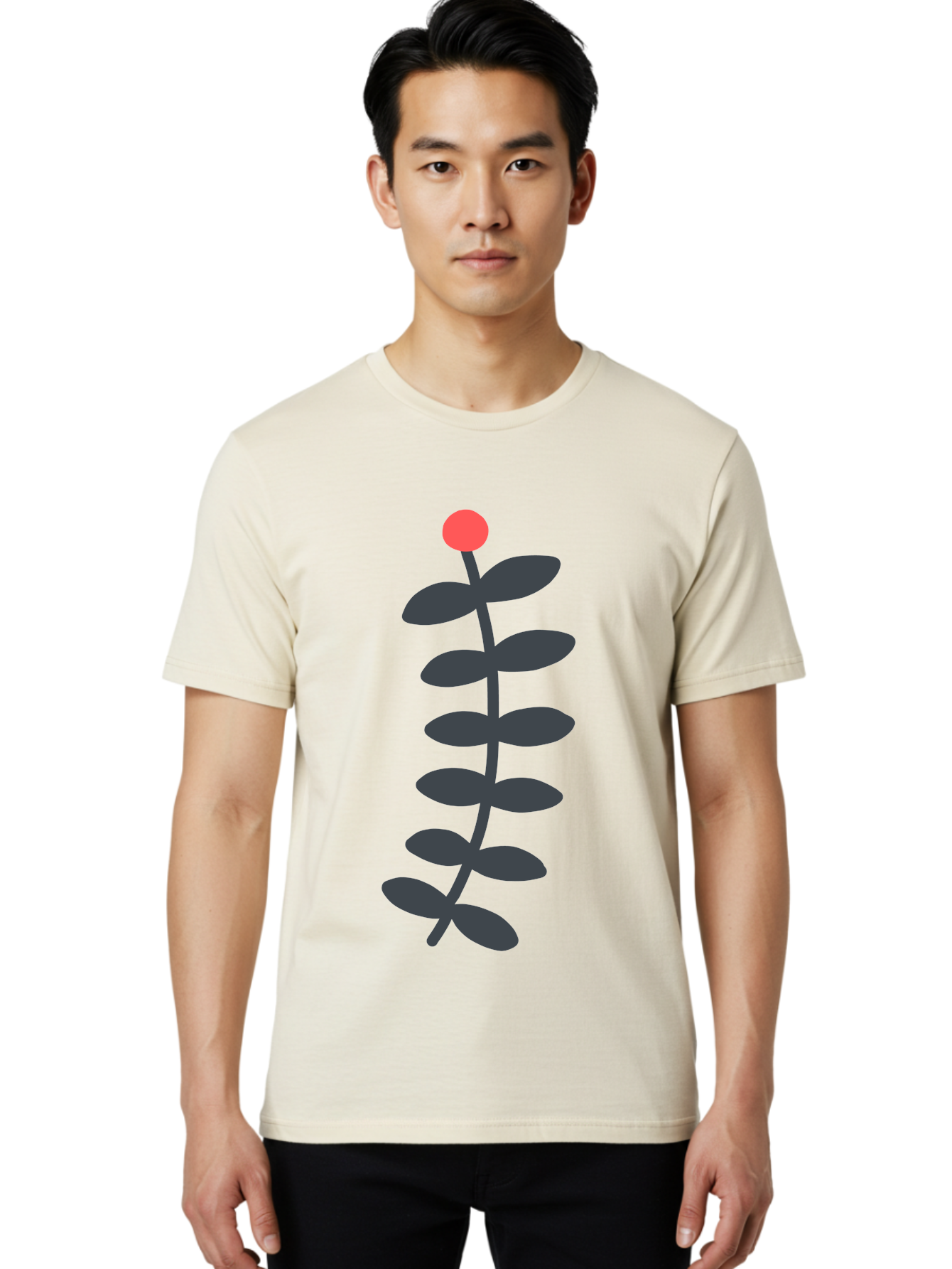 Zig-Zag-Plant Men'S Graphic Tee, 100% Cotton, Comfortable Casual Summer Wear, Machine Washable, Plant Stem, Dark Grey Leaves, Red Bud, Minimalist Design, Simple Shape, Botanical Illustration, Modern Art Aab819 28