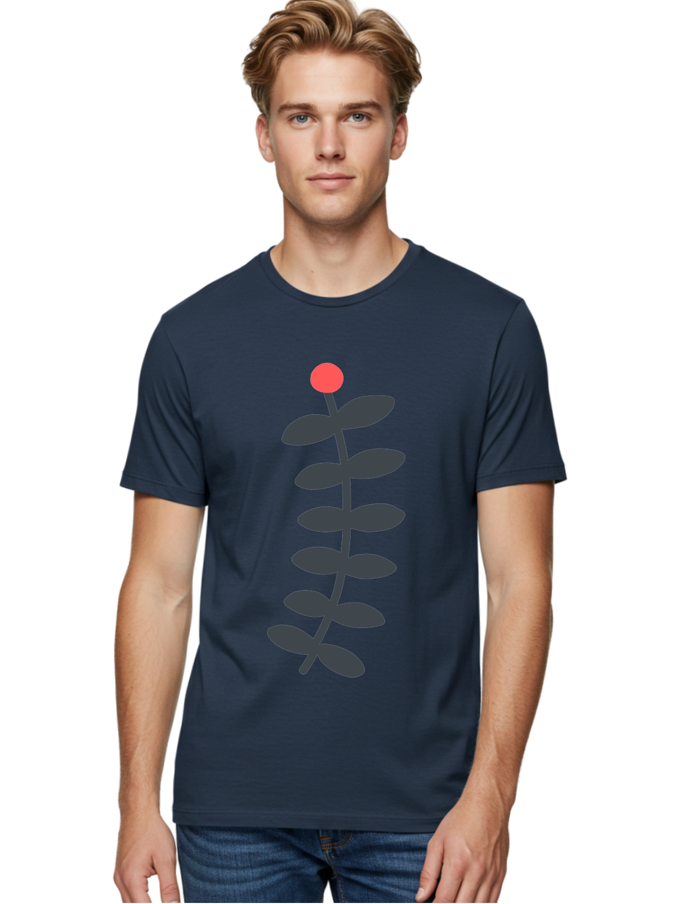 Zig-Zag-Plant Men'S Graphic Tee, 100% Cotton, Comfortable Casual Summer Wear, Machine Washable, Plant Stem, Dark Grey Leaves, Red Bud, Minimalist Design, Simple Shape, Botanical Illustration, Modern Art Aab819 14