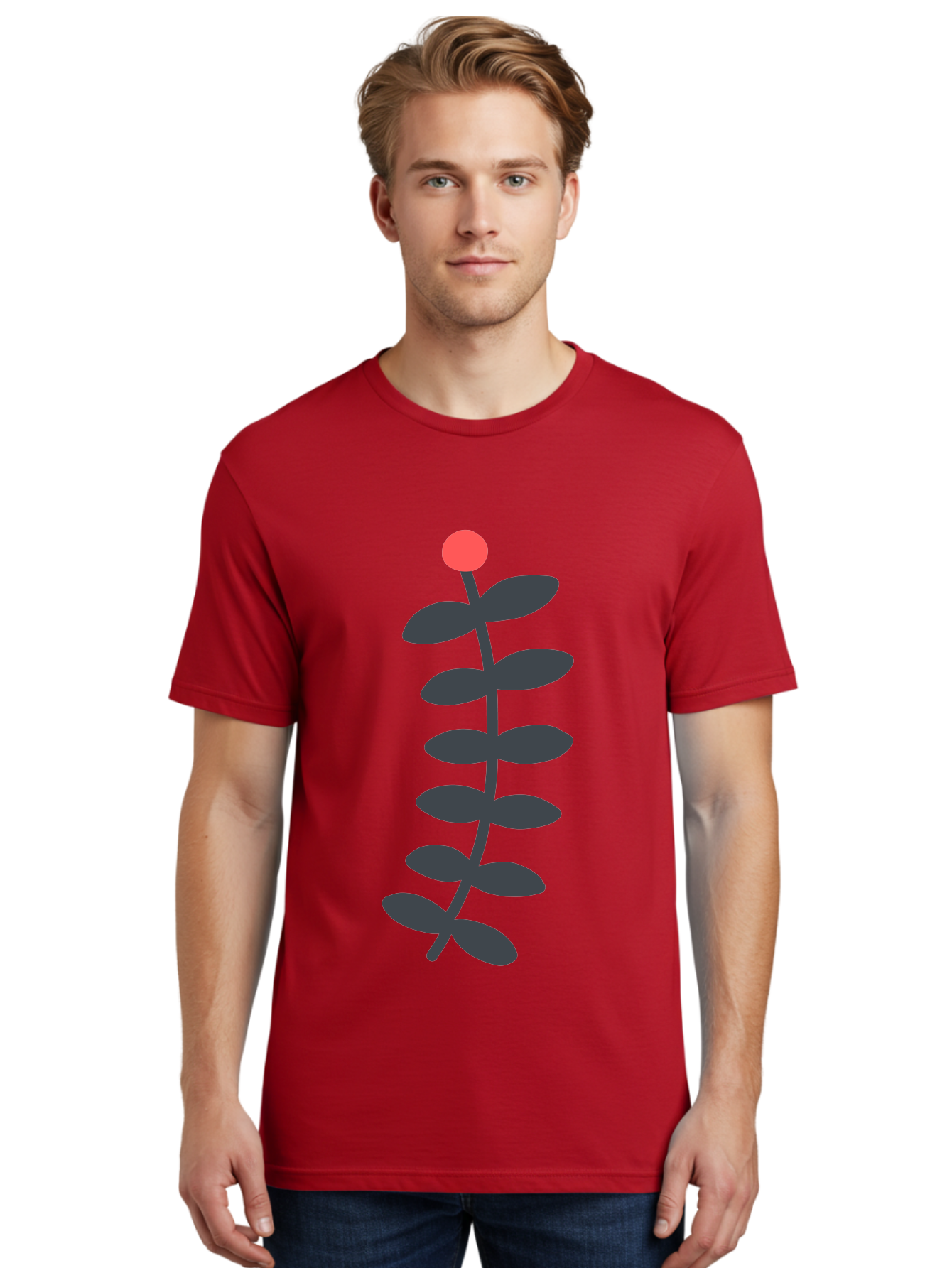 Zig-Zag-Plant Men'S Graphic Tee, 100% Cotton, Comfortable Casual Summer Wear, Machine Washable, Plant Stem, Dark Grey Leaves, Red Bud, Minimalist Design, Simple Shape, Botanical Illustration, Modern Art Aab819 24