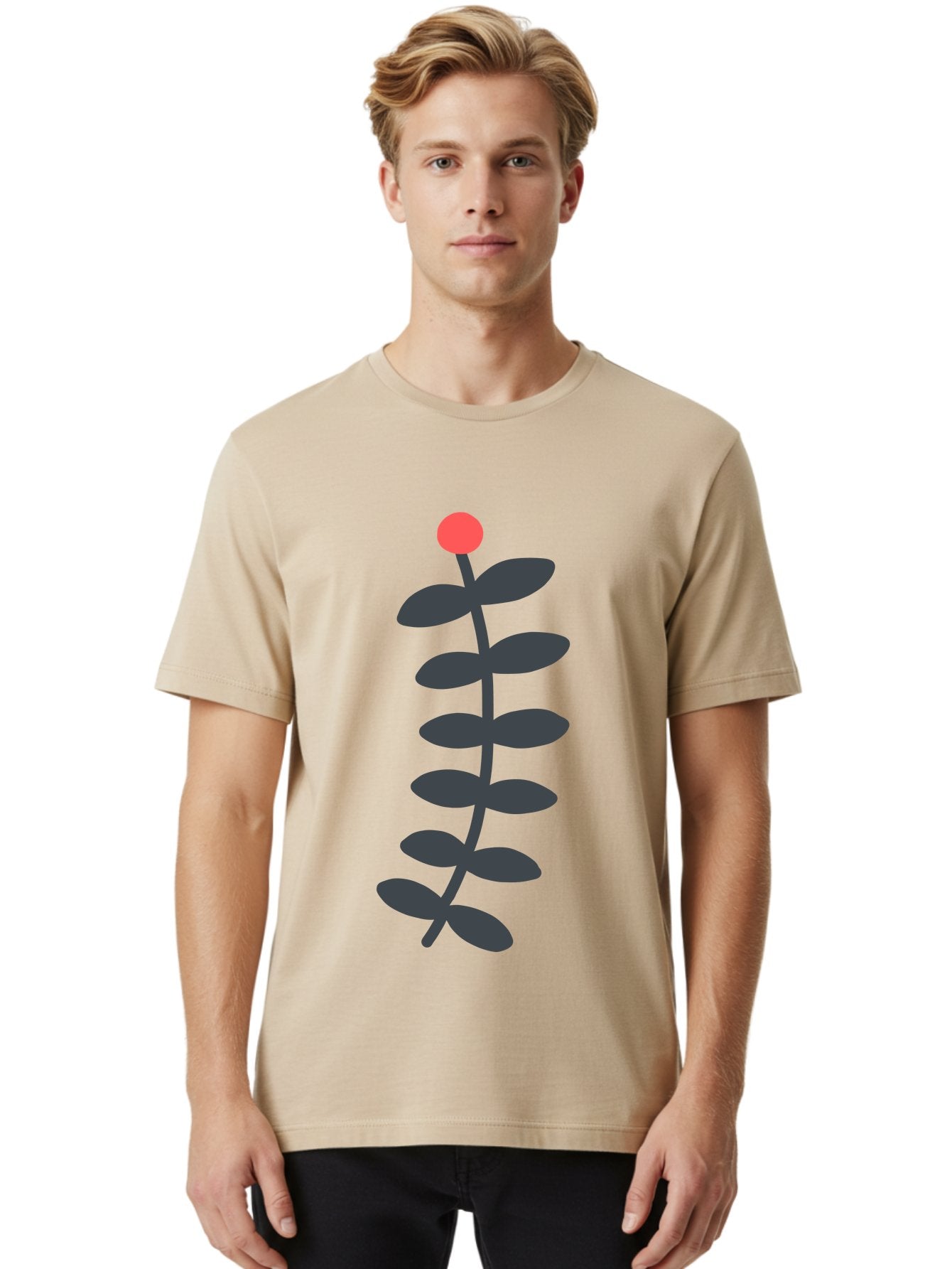 Zig-Zag-Plant Men'S Graphic Tee, 100% Cotton, Comfortable Casual Summer Wear, Machine Washable, Plant Stem, Dark Grey Leaves, Red Bud, Minimalist Design, Simple Shape, Botanical Illustration, Modern Art Aab819 23
