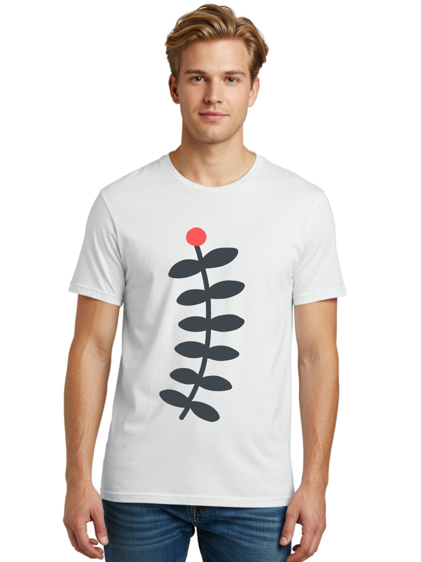 Zig-Zag-Plant Men'S Graphic Tee, 100% Cotton, Comfortable Casual Summer Wear, Machine Washable, Plant Stem, Dark Grey Leaves, Red Bud, Minimalist Design, Simple Shape, Botanical Illustration, Modern Art Aab819 19