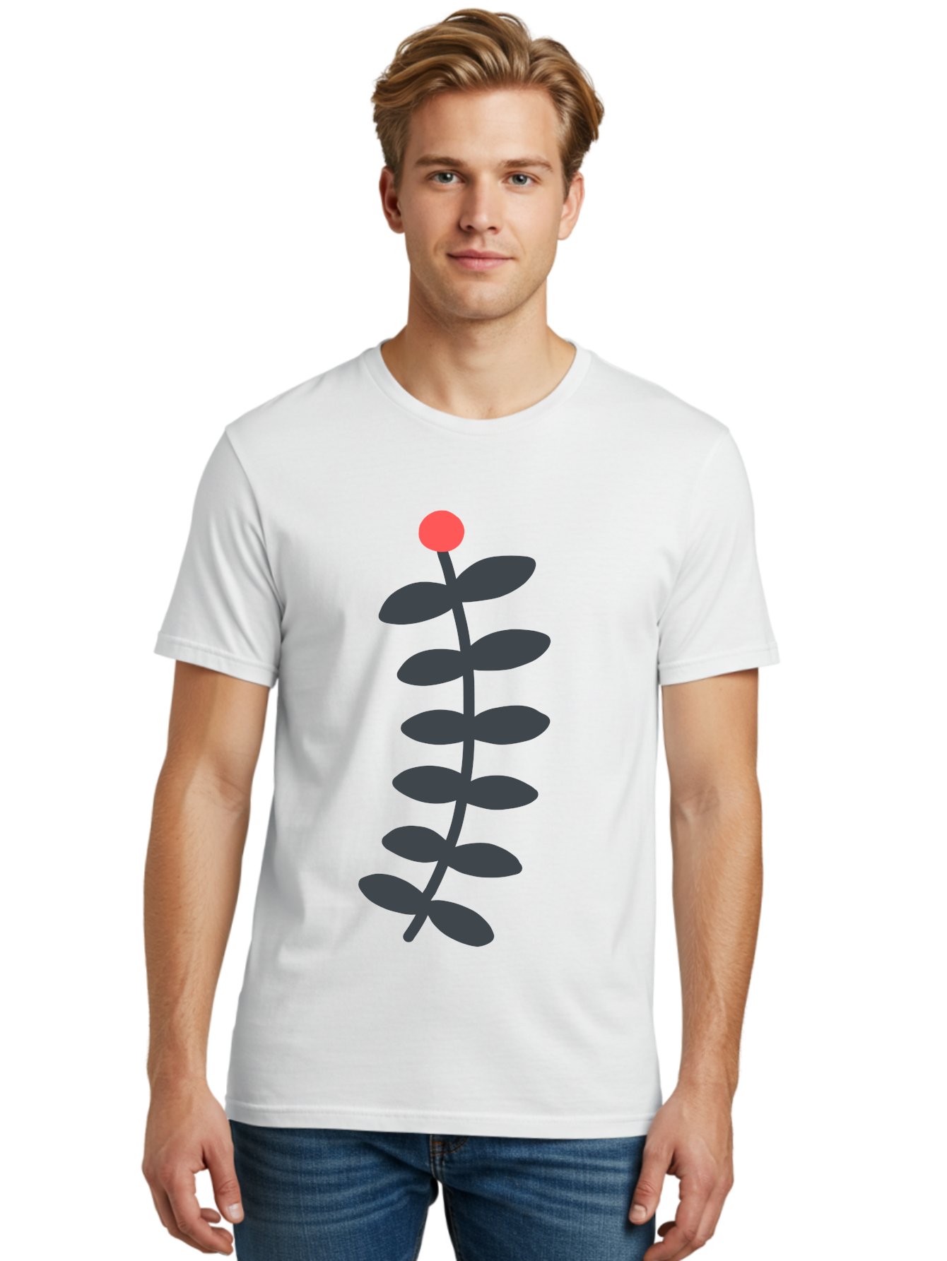 Zig-Zag-Plant Men'S Graphic Tee, 100% Cotton, Comfortable Casual Summer Wear, Machine Washable, Plant Stem, Dark Grey Leaves, Red Bud, Minimalist Design, Simple Shape, Botanical Illustration, Modern Art Aab819 22