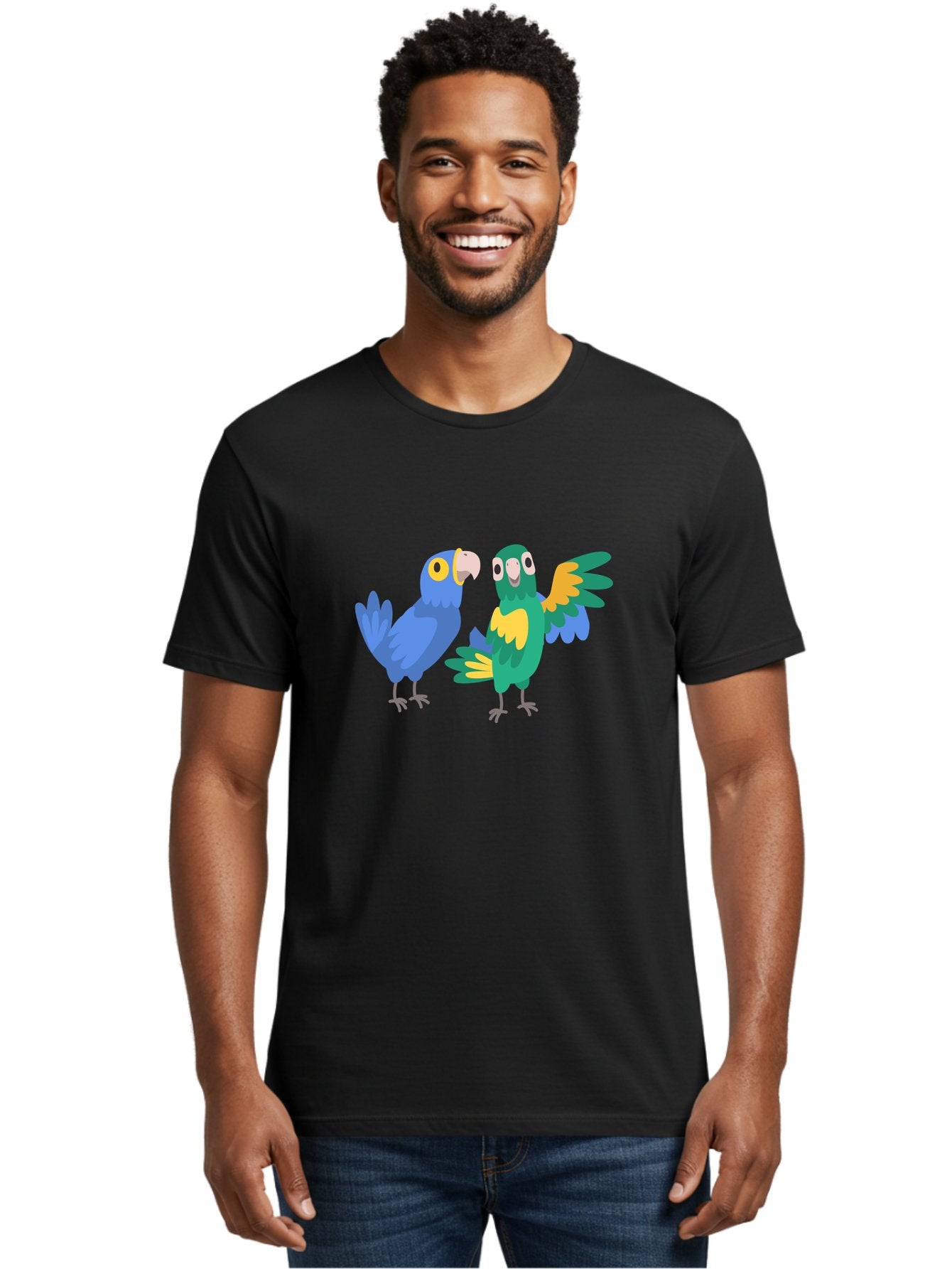Blue-And-Green-Parrot Men'S Graphic Tee, 100% Cotton, Comfortable Casual Summer Wear, Machine Washable, Cartoon Parrots, Colorful Birds, Blue Parrot, Green Parrot, Yellow Accents, Bird Illustration, Vibrant Feathers, Talking Birds, Aab820 21