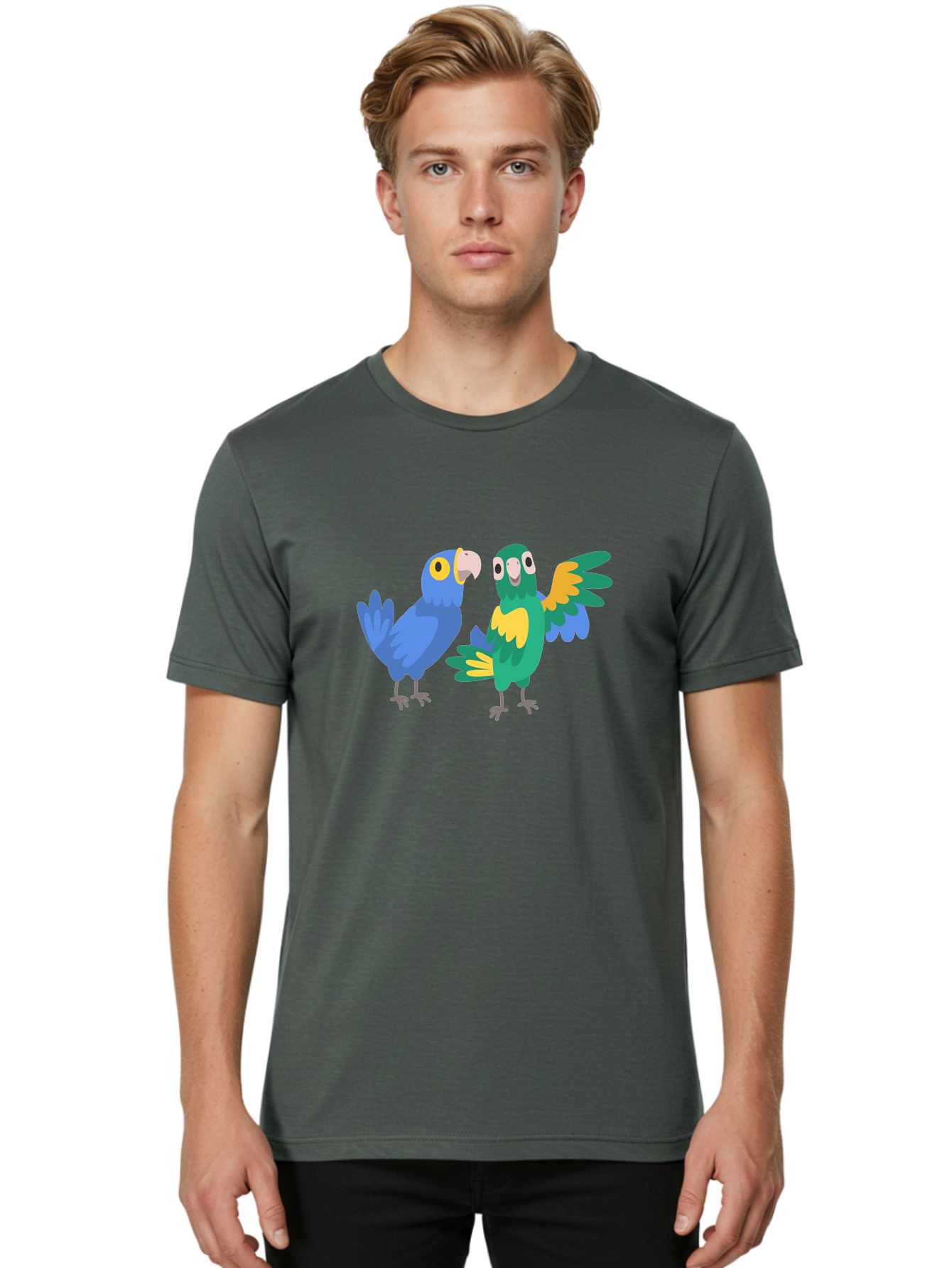 Blue-And-Green-Parrot Men'S Graphic Tee, 100% Cotton, Comfortable Casual Summer Wear, Machine Washable, Cartoon Parrots, Colorful Birds, Blue Parrot, Green Parrot, Yellow Accents, Bird Illustration, Vibrant Feathers, Talking Birds, Aab820 12
