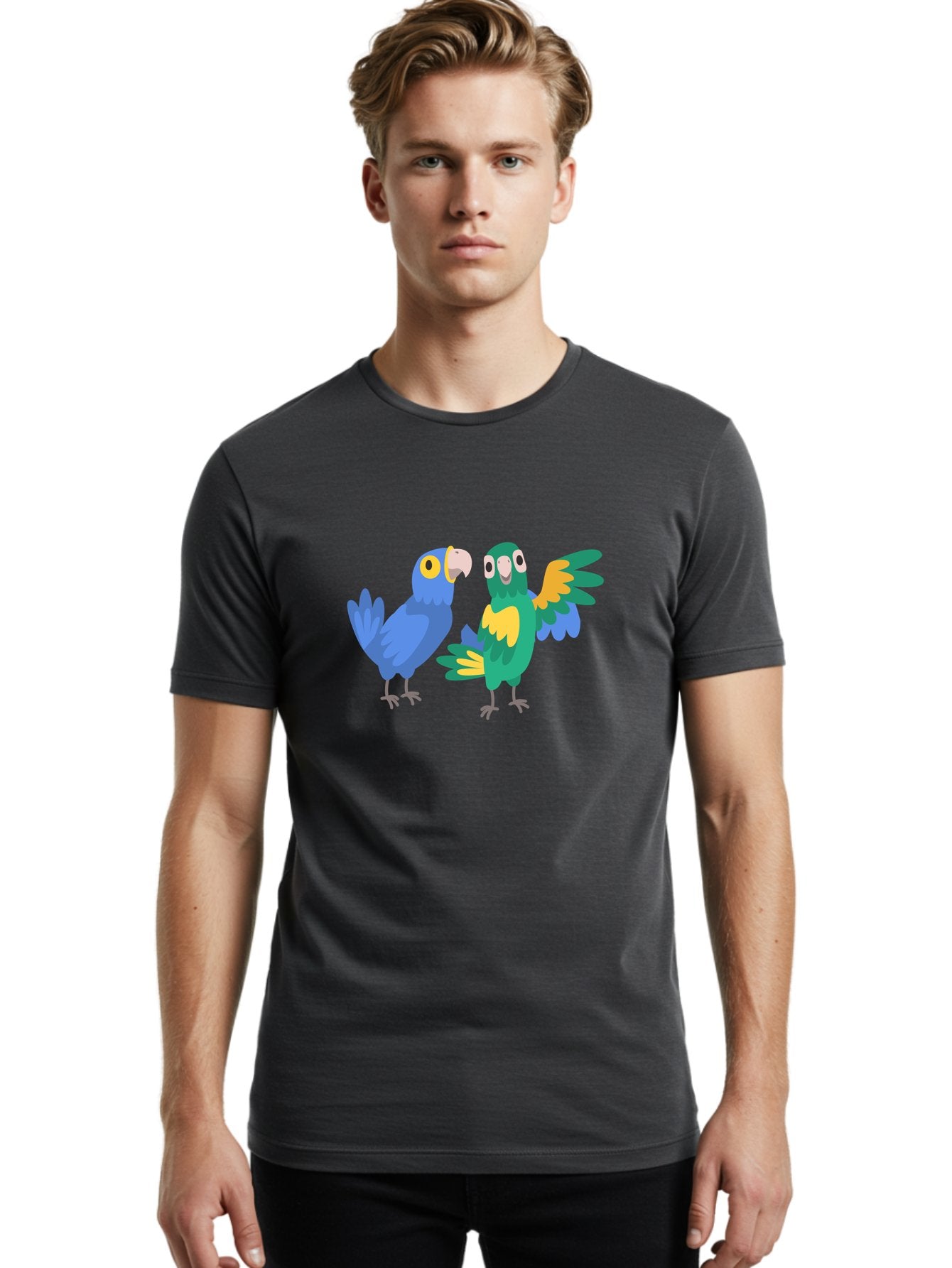 Blue-And-Green-Parrot Men'S Graphic Tee, 100% Cotton, Comfortable Casual Summer Wear, Machine Washable, Cartoon Parrots, Colorful Birds, Blue Parrot, Green Parrot, Yellow Accents, Bird Illustration, Vibrant Feathers, Talking Birds, Aab820 29