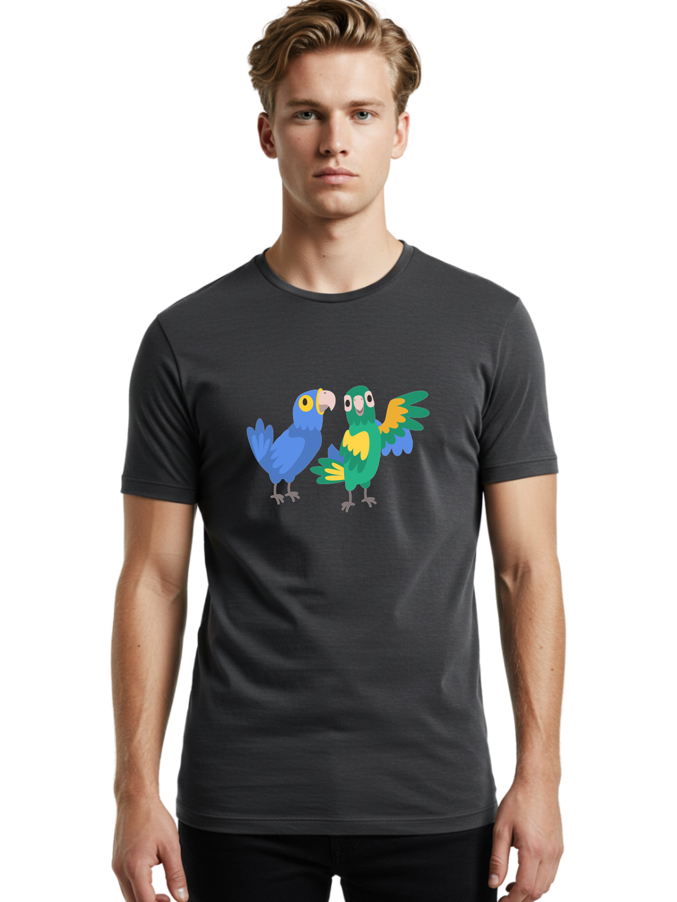 Blue-And-Green-Parrot Men'S Graphic Tee, 100% Cotton, Comfortable Casual Summer Wear, Machine Washable, Cartoon Parrots, Colorful Birds, Blue Parrot, Green Parrot, Yellow Accents, Bird Illustration, Vibrant Feathers, Talking Birds, Aab820 4