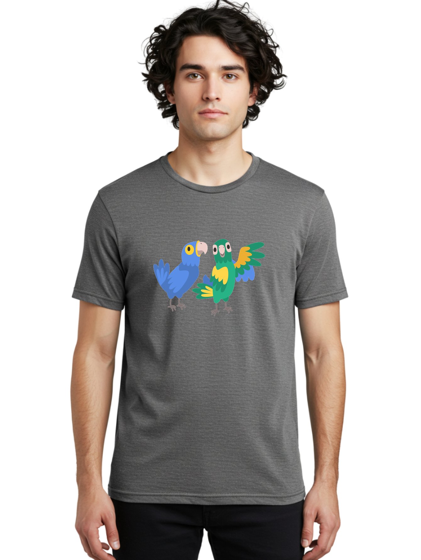 Blue-And-Green-Parrot Men'S Graphic Tee, 100% Cotton, Comfortable Casual Summer Wear, Machine Washable, Cartoon Parrots, Colorful Birds, Blue Parrot, Green Parrot, Yellow Accents, Bird Illustration, Vibrant Feathers, Talking Birds, Aab820 10