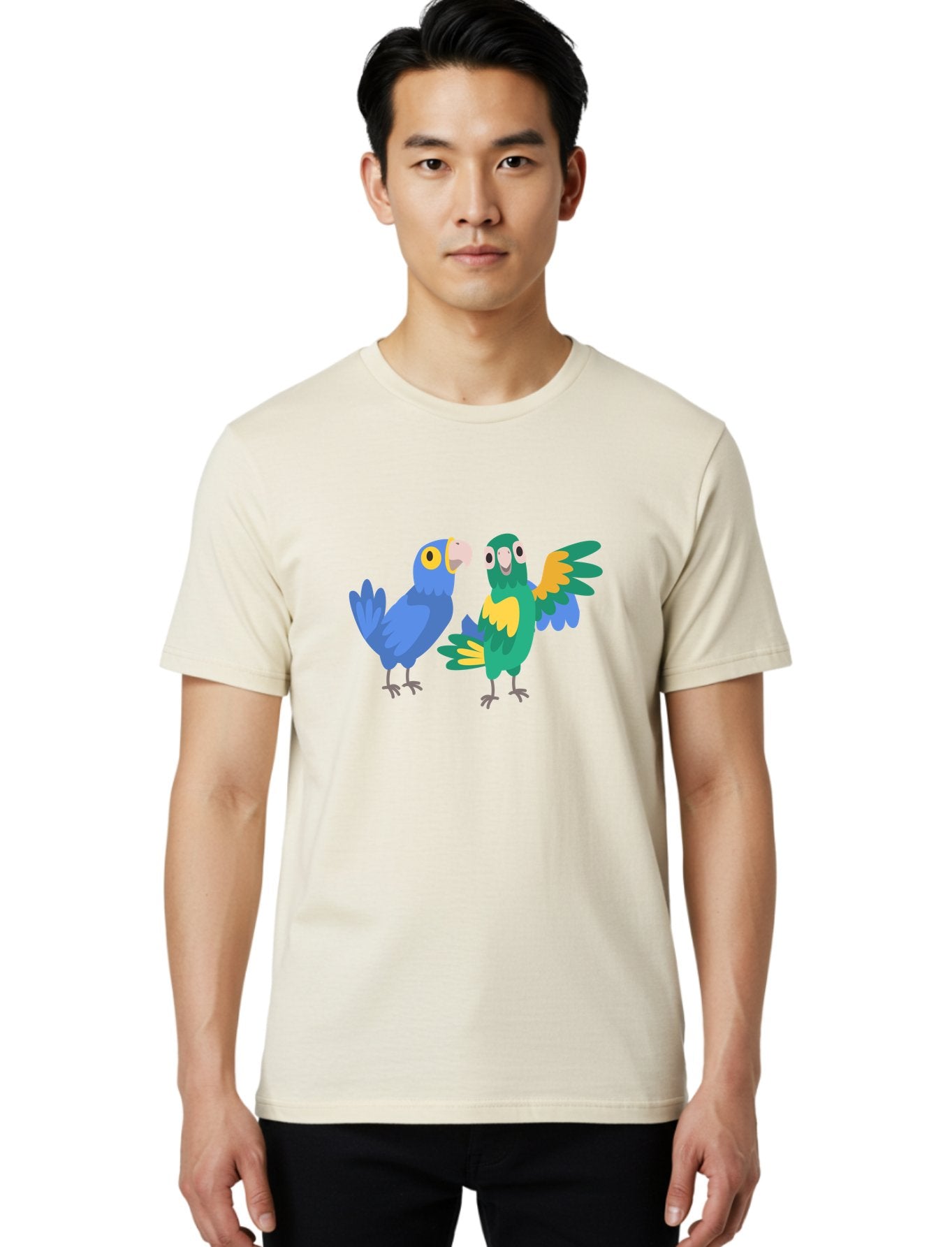 Blue-And-Green-Parrot Men'S Graphic Tee, 100% Cotton, Comfortable Casual Summer Wear, Machine Washable, Cartoon Parrots, Colorful Birds, Blue Parrot, Green Parrot, Yellow Accents, Bird Illustration, Vibrant Feathers, Talking Birds, Aab820 18