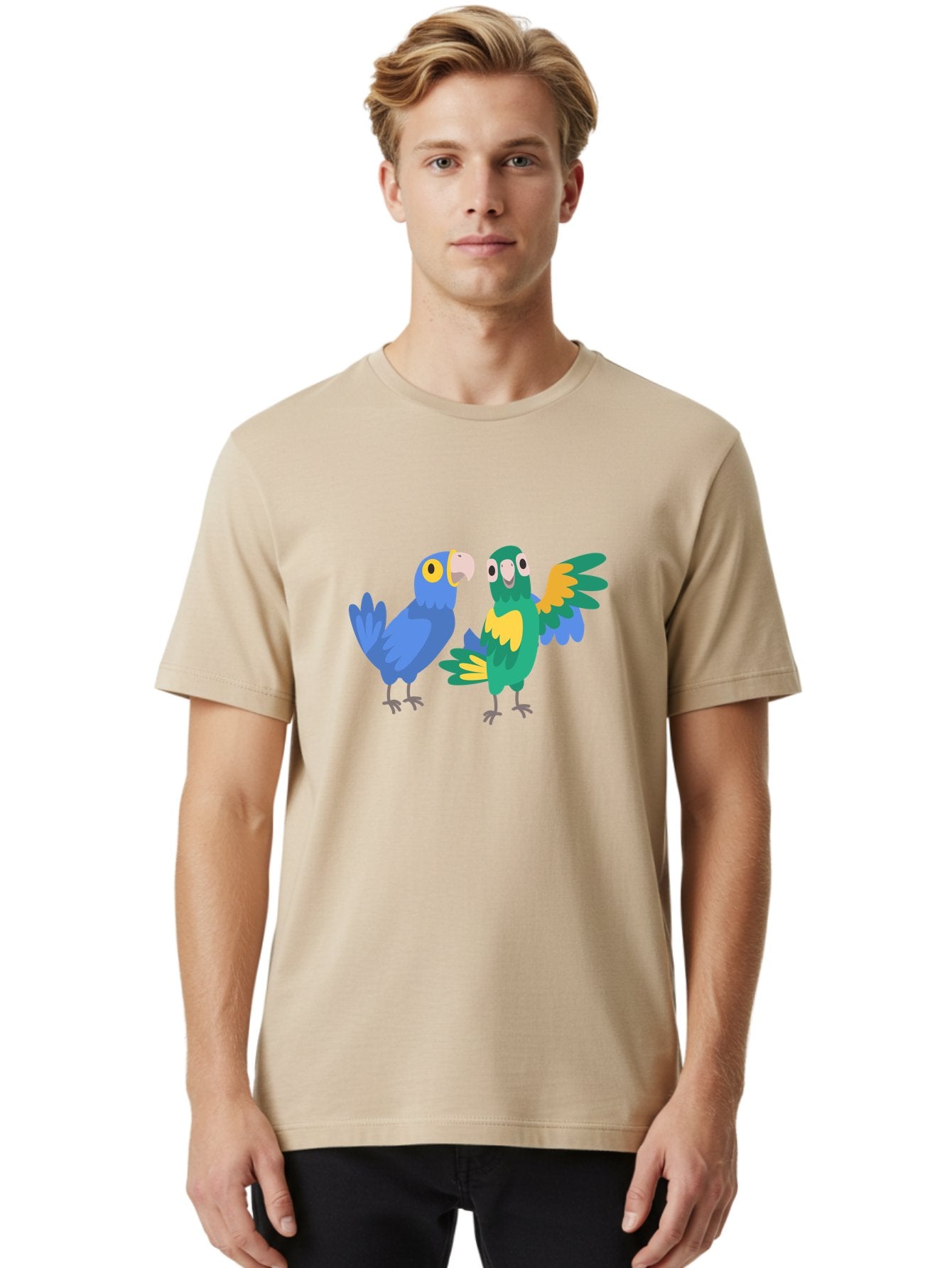 Blue-And-Green-Parrot Men'S Graphic Tee, 100% Cotton, Comfortable Casual Summer Wear, Machine Washable, Cartoon Parrots, Colorful Birds, Blue Parrot, Green Parrot, Yellow Accents, Bird Illustration, Vibrant Feathers, Talking Birds, Aab820 17