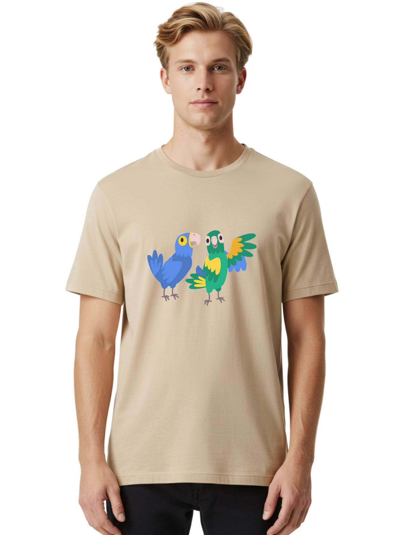 Blue-And-Green-Parrot Men'S Graphic Tee, 100% Cotton, Comfortable Casual Summer Wear, Machine Washable, Cartoon Parrots, Colorful Birds, Blue Parrot, Green Parrot, Yellow Accents, Bird Illustration, Vibrant Feathers, Talking Birds, Aab820 28