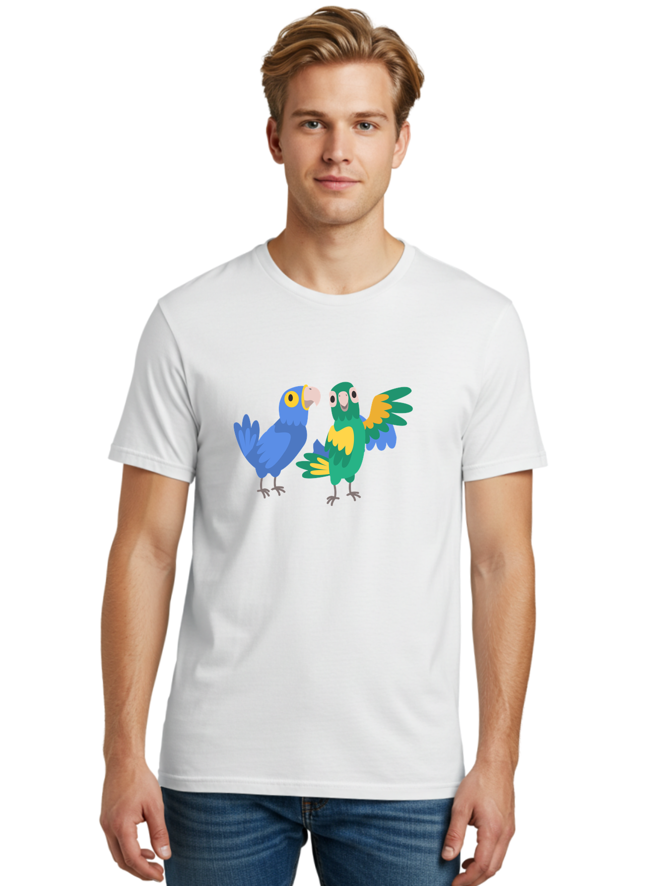 Blue-And-Green-Parrot Men'S Graphic Tee, 100% Cotton, Comfortable Casual Summer Wear, Machine Washable, Cartoon Parrots, Colorful Birds, Blue Parrot, Green Parrot, Yellow Accents, Bird Illustration, Vibrant Feathers, Talking Birds, Aab820