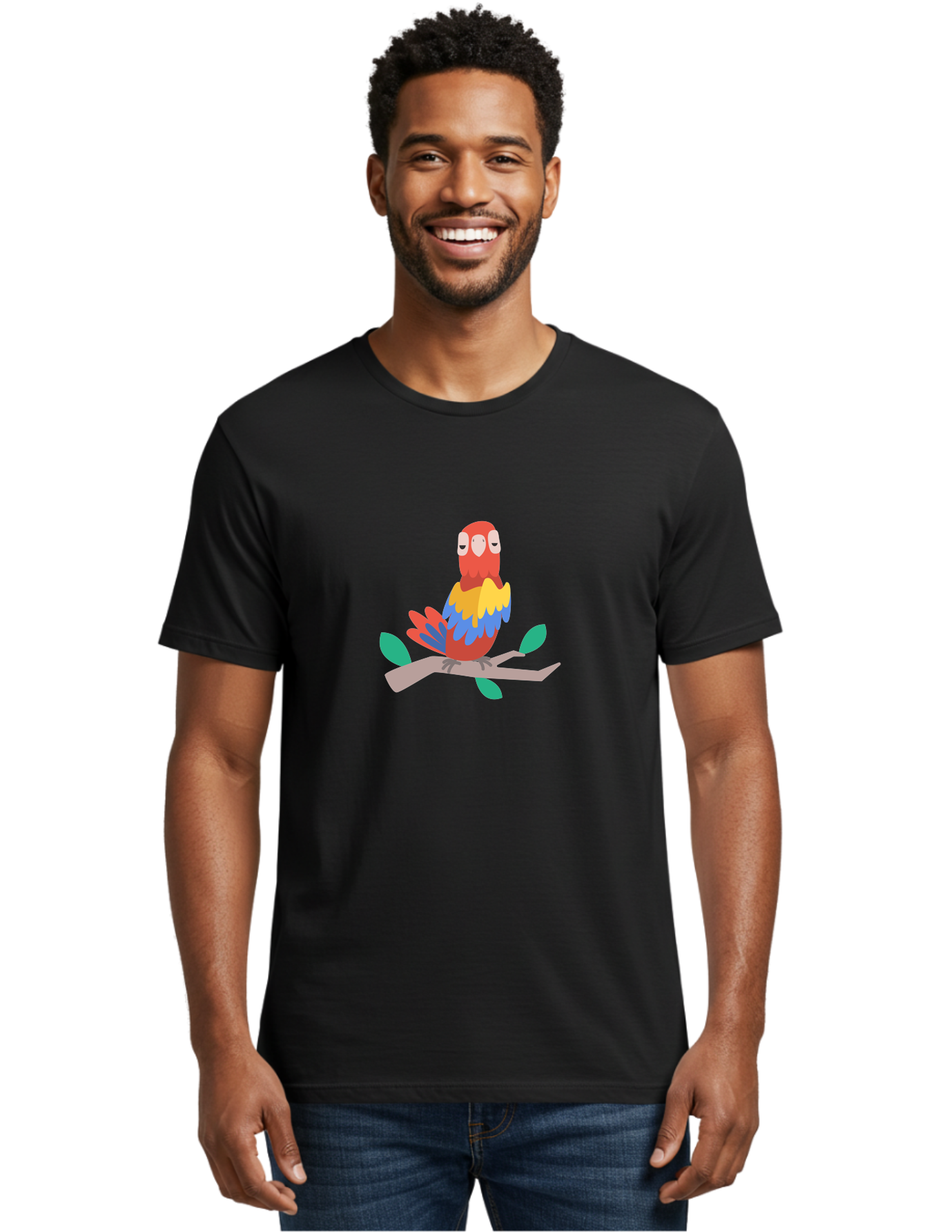 Colorful-Parrot Men'S Graphic Tee, 100% Cotton, Comfortable Casual Summer Wear, Machine Washable, Cartoon Parrot, Vibrant Plumage, Red, Blue, Yellow Feathers, Sitting On Branch, Leaves, Tropical Bird, Playful Illustration, Digital Art, Aab825 28