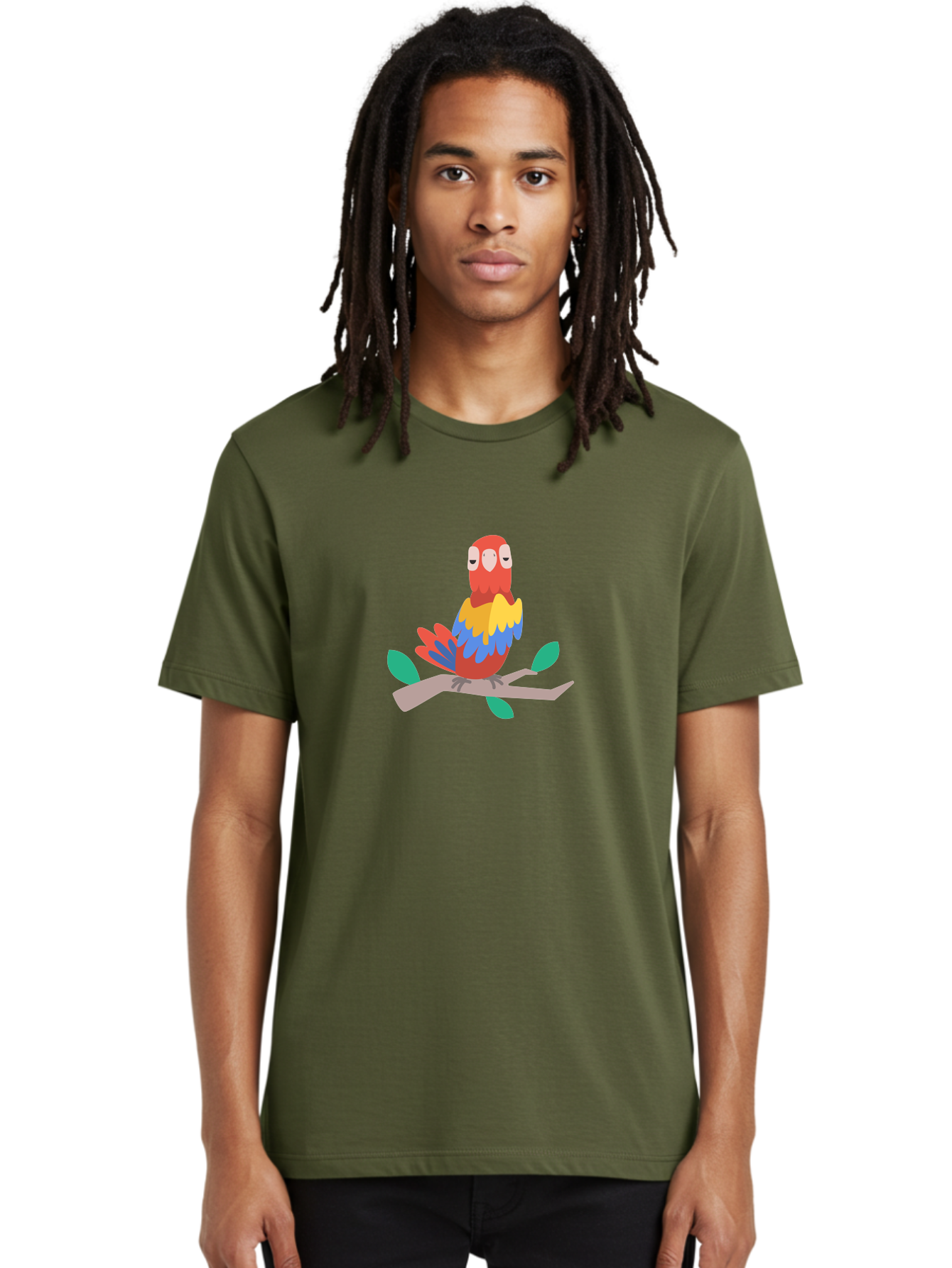 Colorful-Parrot Men'S Graphic Tee, 100% Cotton, Comfortable Casual Summer Wear, Machine Washable, Cartoon Parrot, Vibrant Plumage, Red, Blue, Yellow Feathers, Sitting On Branch, Leaves, Tropical Bird, Playful Illustration, Digital Art, Aab825 8